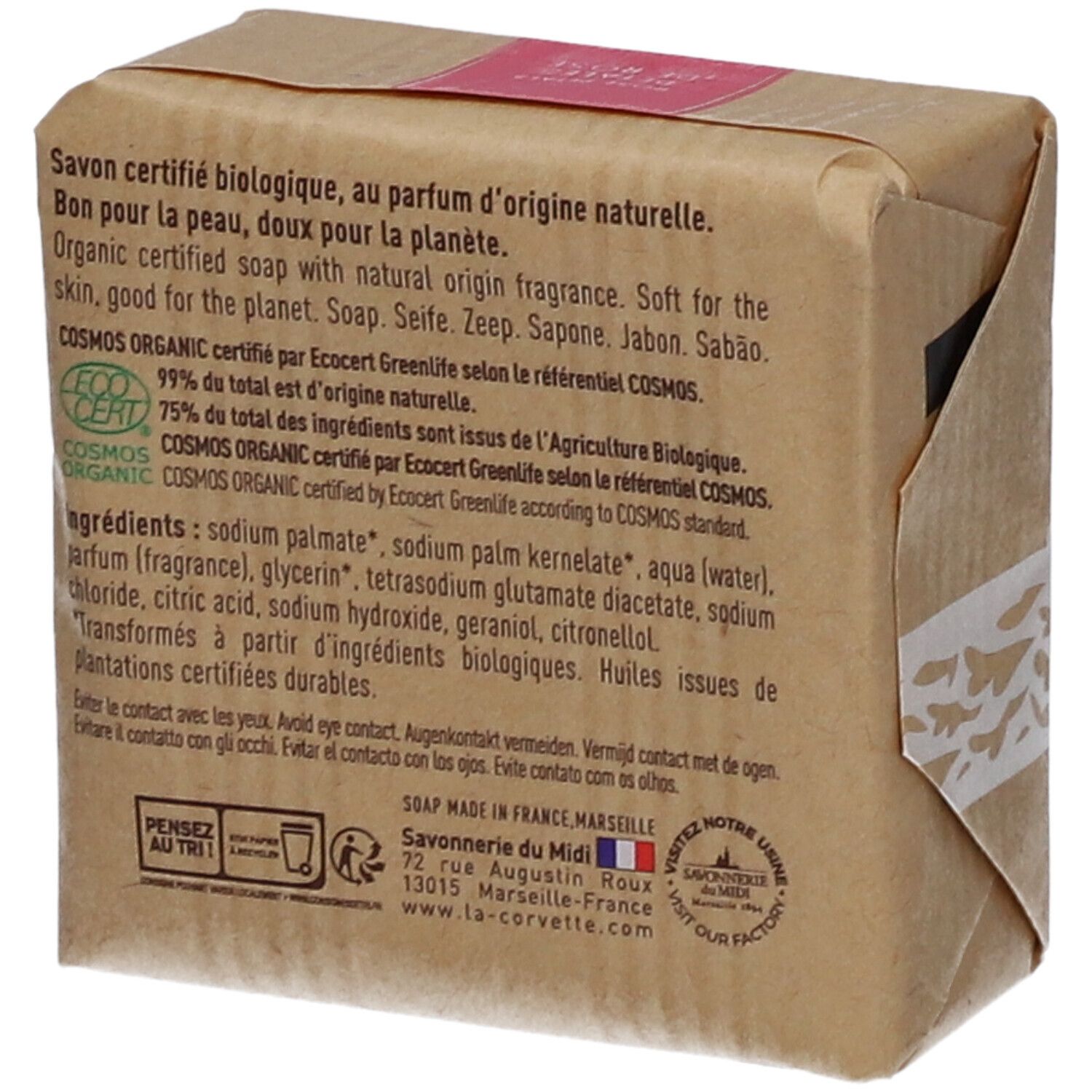 Dos de l'emballage du savon. Texte: certification bio, ingrédients, fabriqué en France. Marseille.