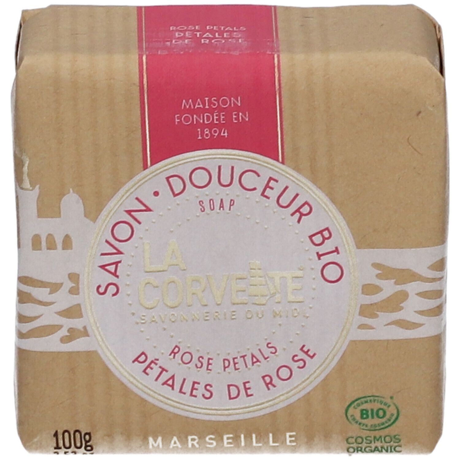Savon emballé. Inscription: LA CORVETTE, pétales de rose, certification bio. 100g. Marseille.