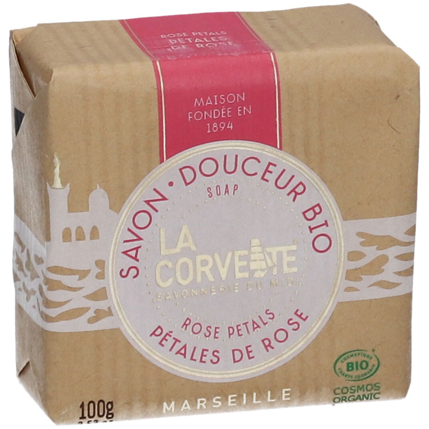 Savon emballé. Inscription: LA CORVETTE, pétales de rose, certification bio. 100g. Marseille.