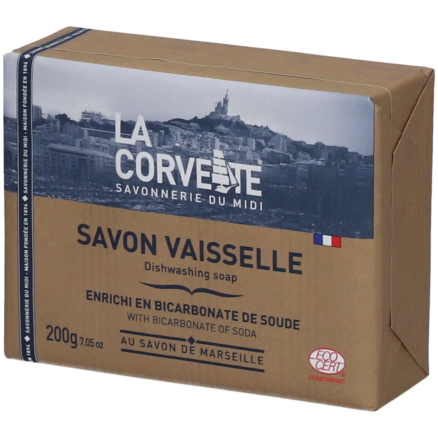 Emballage carton de savon vaisselle. Inscription: LA CORVETTE, Savon vaisselle, au bicarbonate de soude, 200g, Eco Cert.