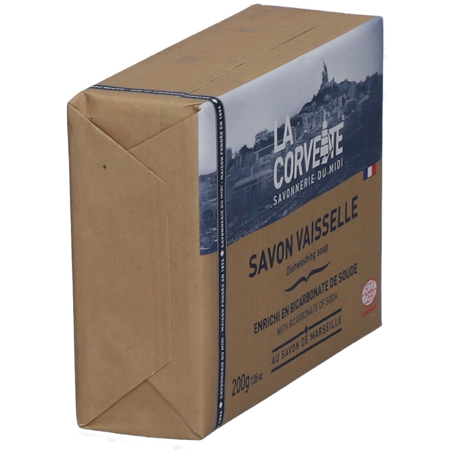 Emballage carton de savon vaisselle. Inscription: LA CORVETTE, Savon vaisselle, au bicarbonate de soude, 200g, Eco Cert.