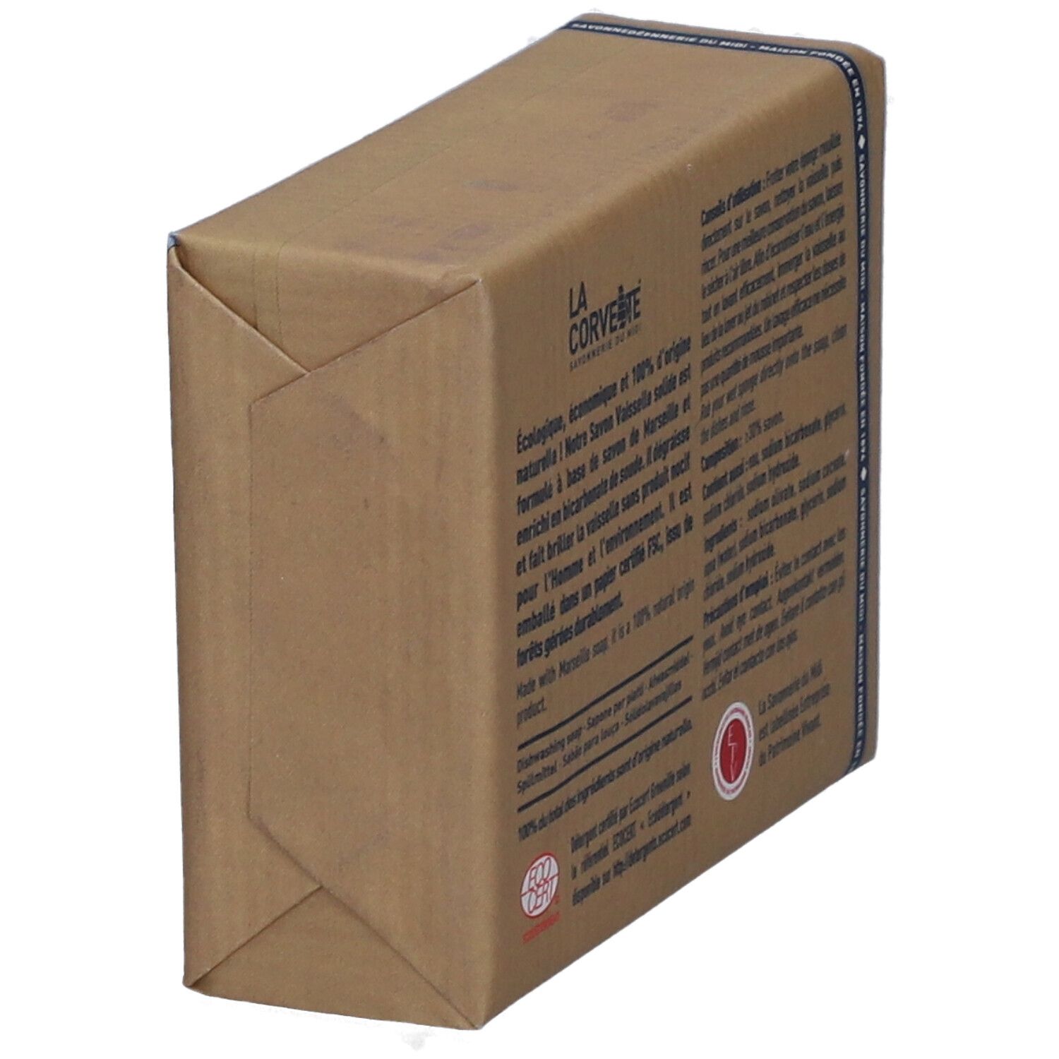 Emballage carton de savon vaisselle. Inscription: LA CORVETTE, Savon vaisselle, au bicarbonate de soude, Eco Cert.