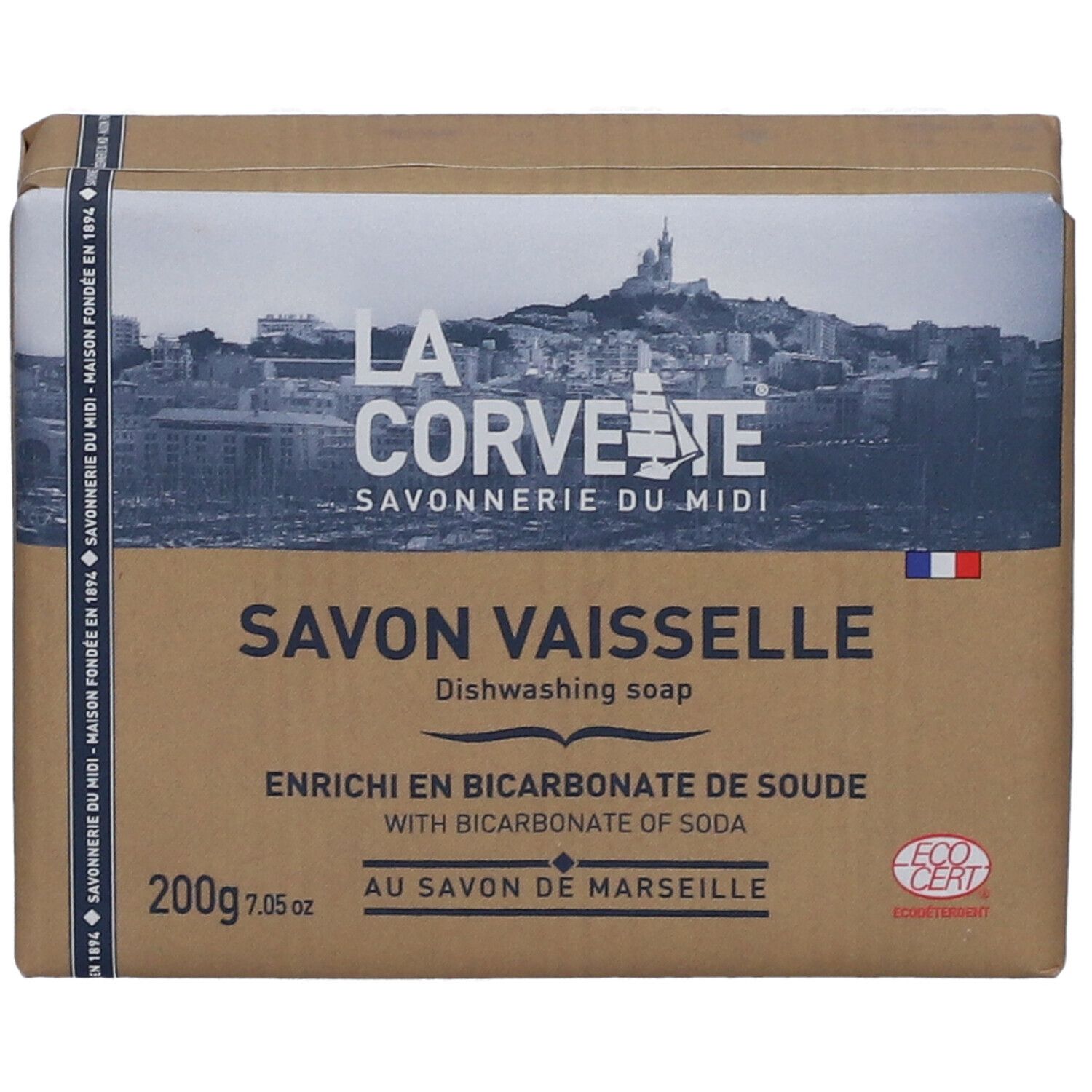 Emballage carton de savon vaisselle. Inscription: LA CORVETTE, Savon vaisselle, au bicarbonate de soude, 200g, Eco Cert.