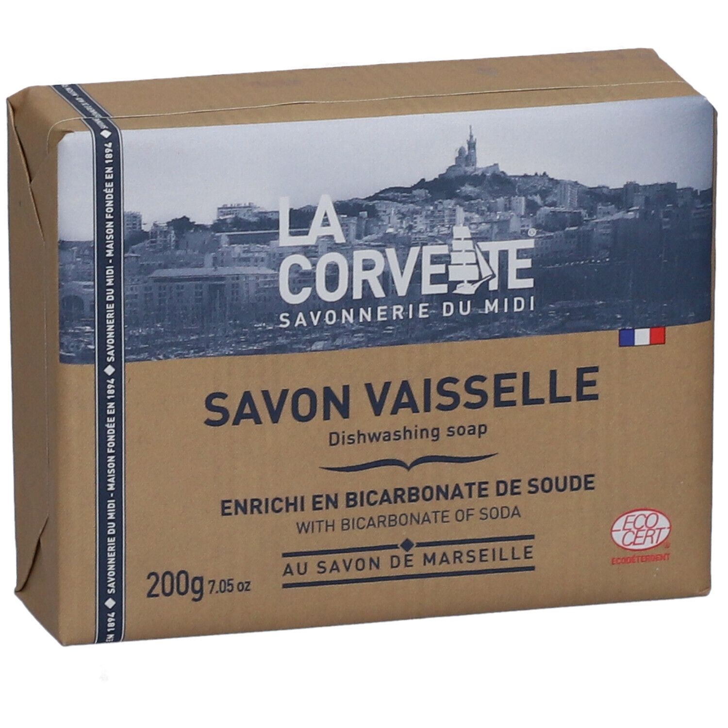 Emballage carton de savon vaisselle. Inscription: LA CORVETTE, Savon vaisselle, au bicarbonate de soude, 200g, Eco Cert.