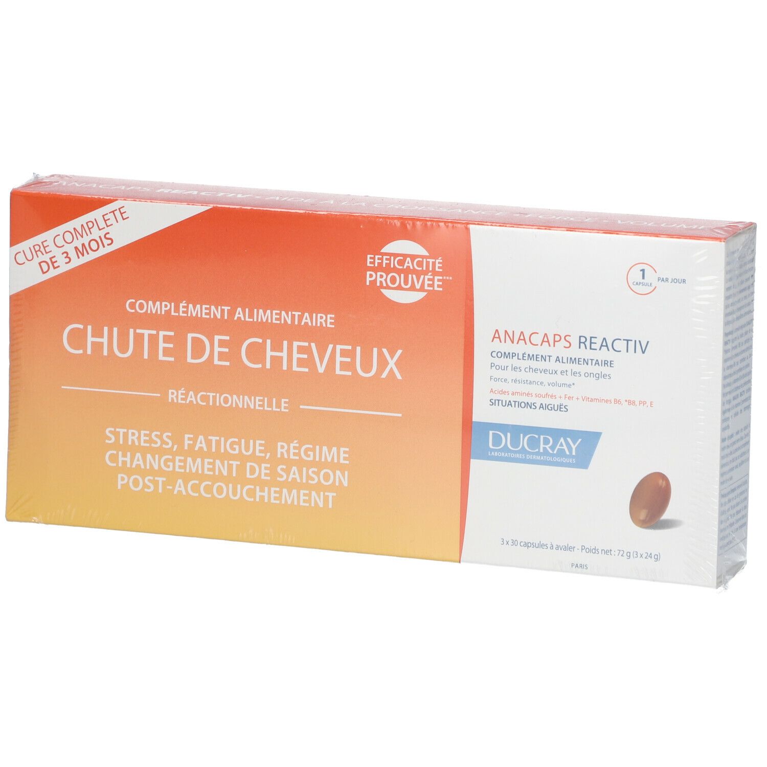 Boîte de compléments alimentaires Anacaps Reactiv. Inscription: Chute de Cheveux. Contient des gélules.