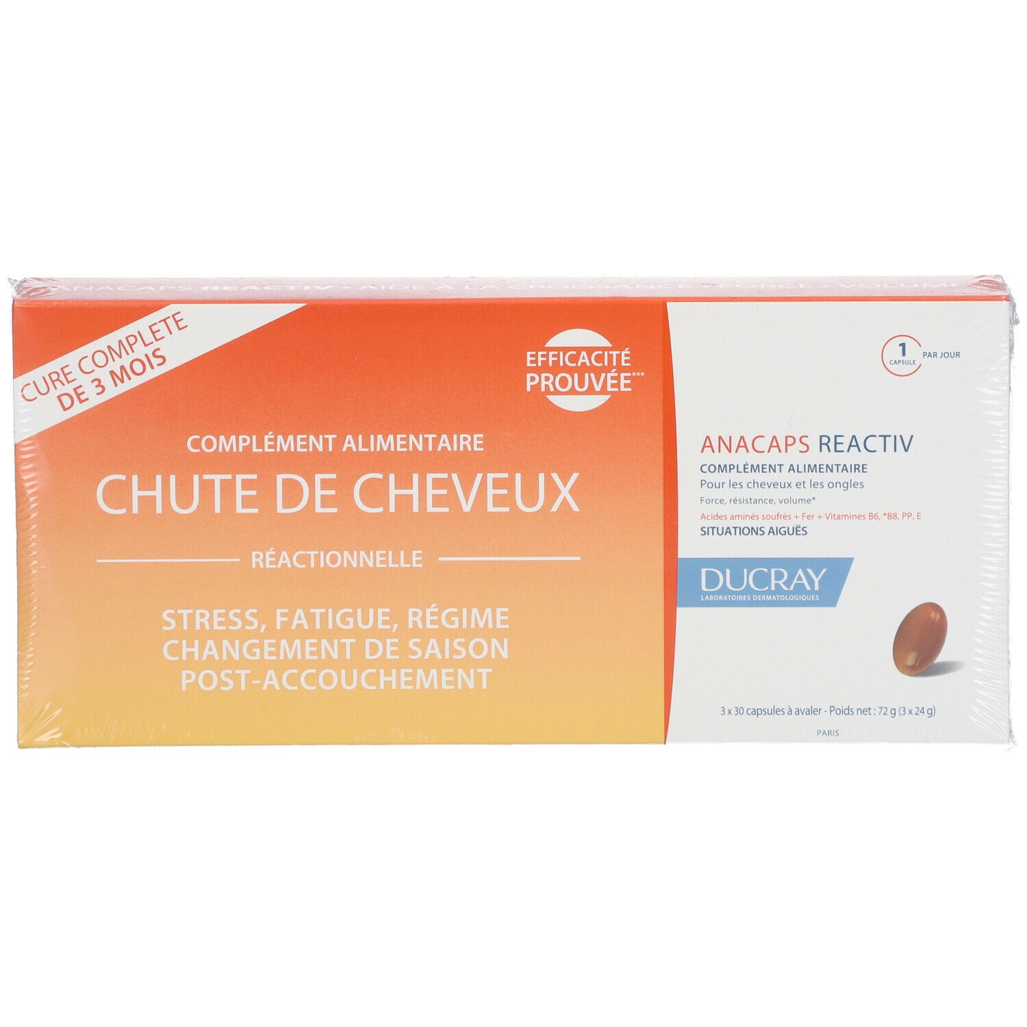 Boîte Anacaps Reactiv. Inscription: Chute de Cheveux. Contient des gélules. Marque Ducray.