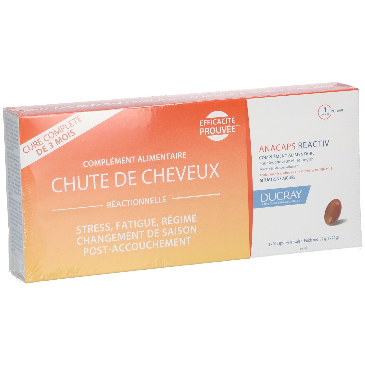 Boîte Anacaps Reactiv. Inscription: Chute de Cheveux. Contient des gélules. Marque Ducray.
