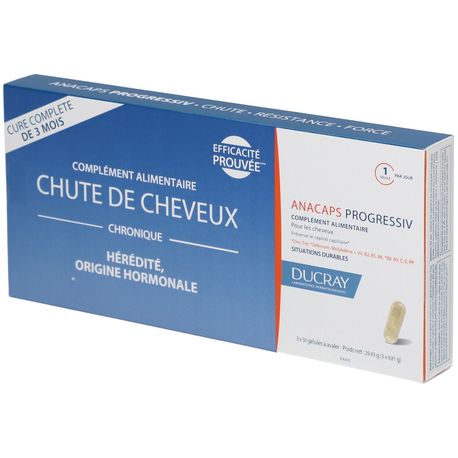 Boîte bleue et blanche avec nom et informations sur le produit. Contient une gélule. Marque : DUCRAY ANACAPS PROGRESSIV.