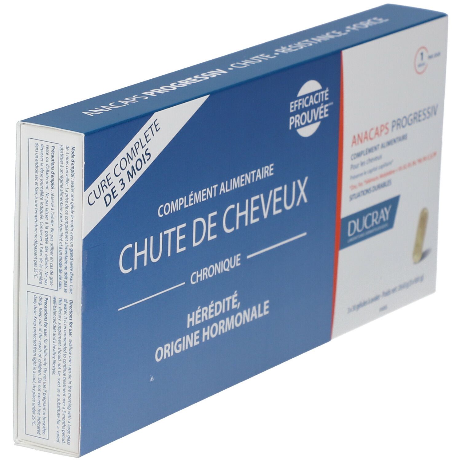 Boîte bleue et blanche avec nom et informations sur le produit. Contient une gélule. Marque : DUCRAY ANACAPS PROGRESSIV.
