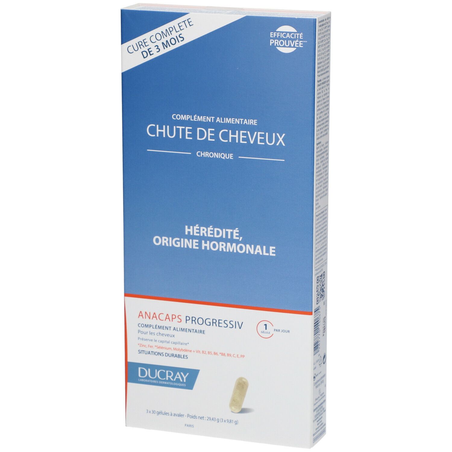 Boîte bleue et blanche avec nom et informations sur le produit. Contient une gélule. Marque : DUCRAY ANACAPS PROGRESSIV.