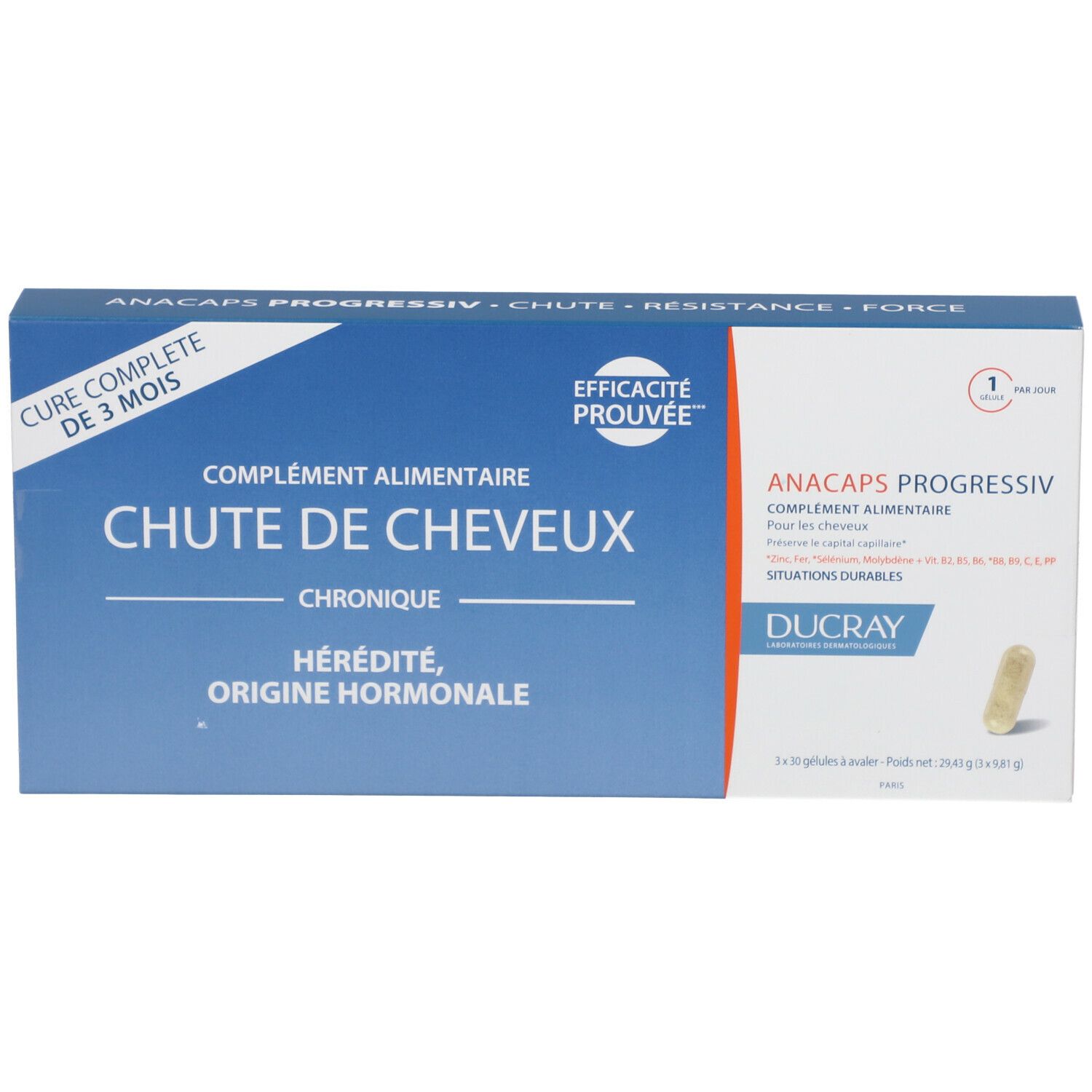 Boîte bleue et blanche avec nom et informations sur le produit. Contient une gélule. Marque : DUCRAY ANACAPS PROGRESSIV.