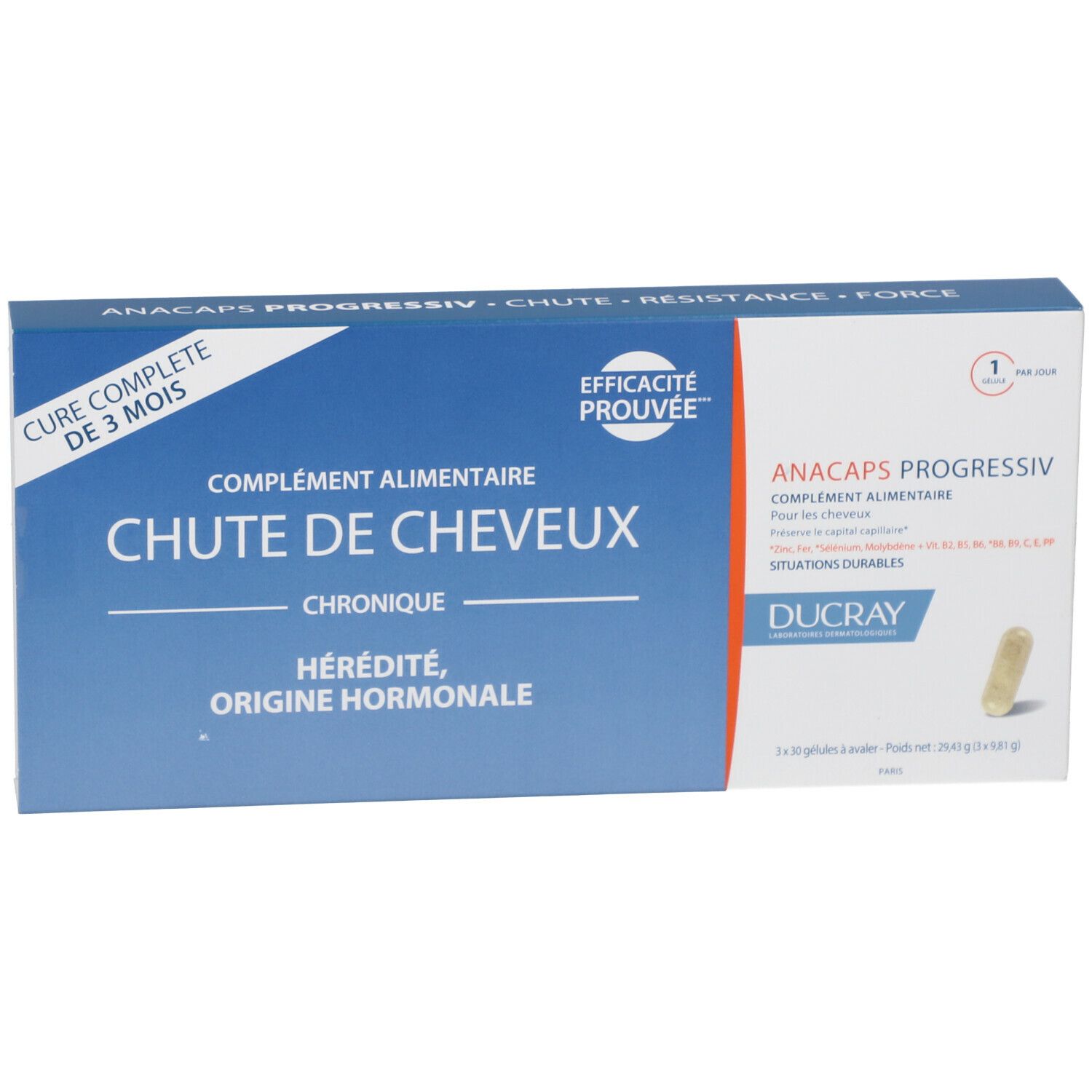 Boîte bleue et blanche avec nom et informations sur le produit. Contient une gélule. Marque : DUCRAY ANACAPS PROGRESSIV.