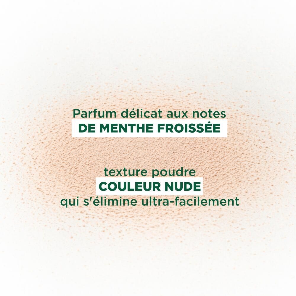 Text: Zarter Duft mit Noten von zerknitterter Minze. Pudertextur, Nude-Farbe, die sich leicht entfernt.