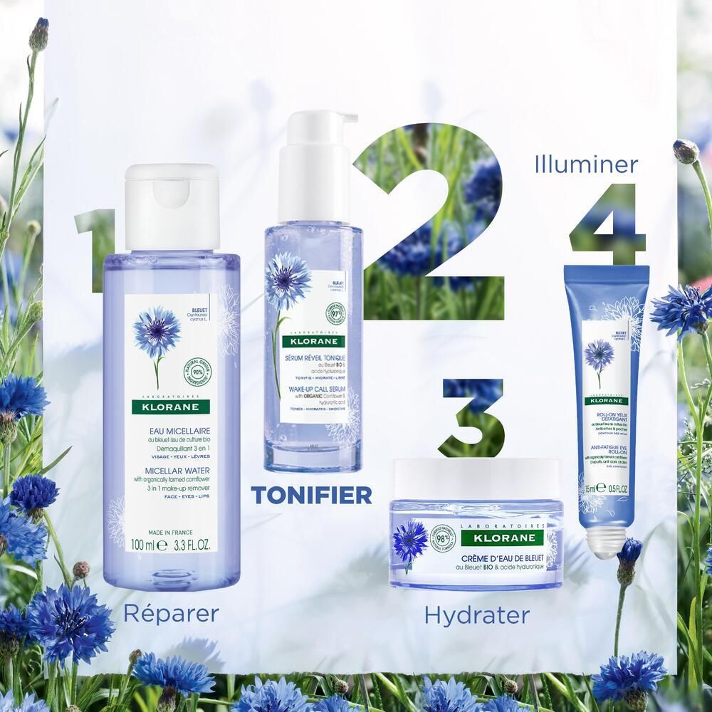 Gamme de produits avec 4 produits. Eau micellaire, sérum, crème, crème pour les yeux. Texte: Réparer, Tonifier, Hydrater, Illumier.