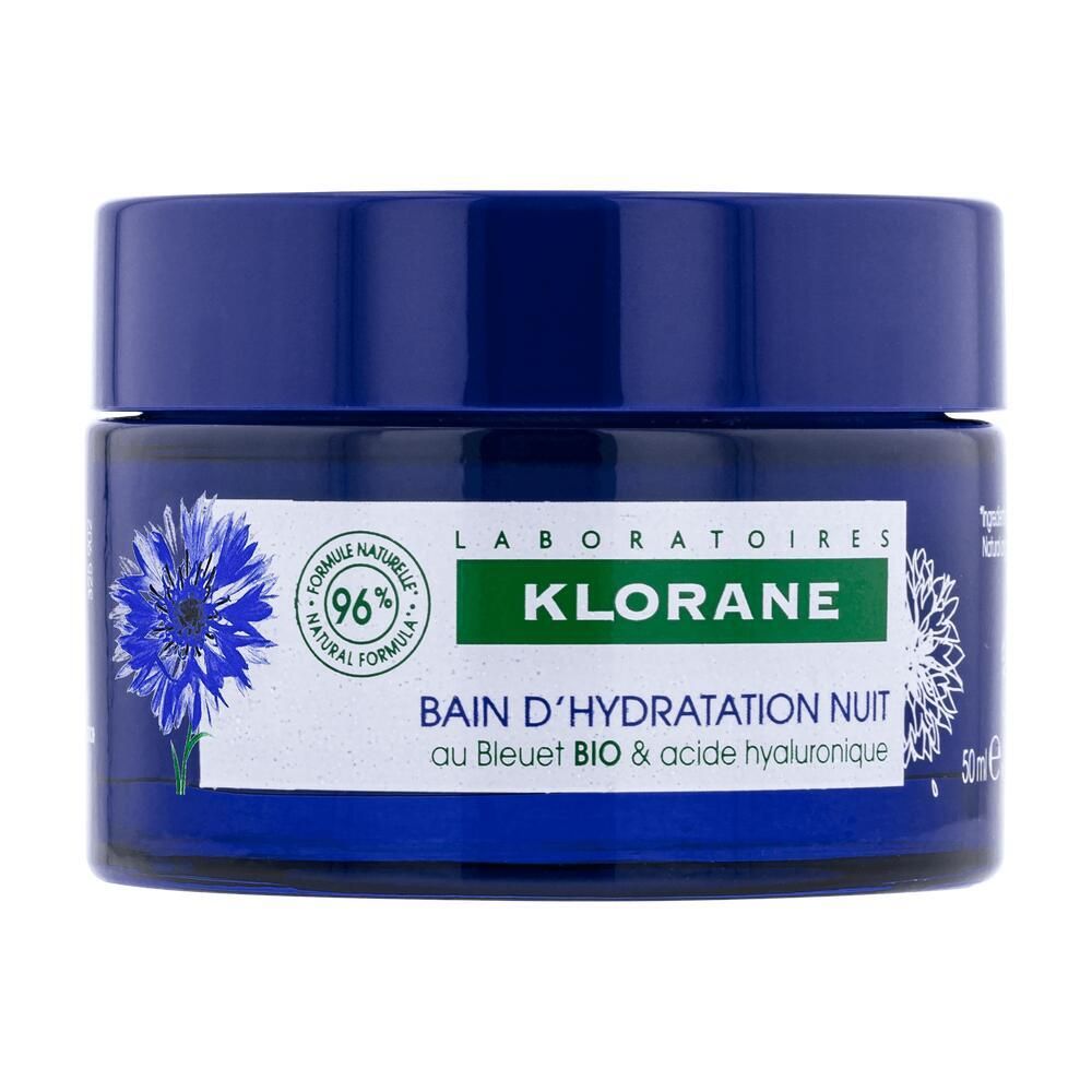 Blaues Tiegel mit Deckel. Aufschrift: Klorane, Bain d'Hydratation Nuit. Kornblume-Motiv. 96% natürliche Formel.