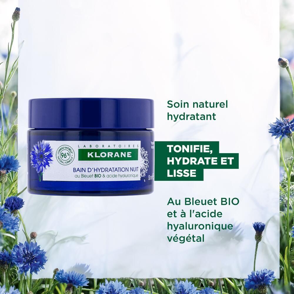 Blaues Tiegel mit Produkt. Aufschrift: Klorane, Bain d'Hydratation Nuit. Kornblume-Motiv. 96% natürliche Formel.
