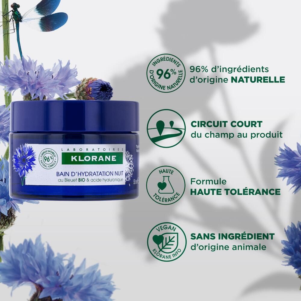 Blaues Tiegel mit Produkt. Aufschrift: Klorane, Bain d'Hydratation Nuit. Kornblume-Motiv. 96% natürliche Formel.