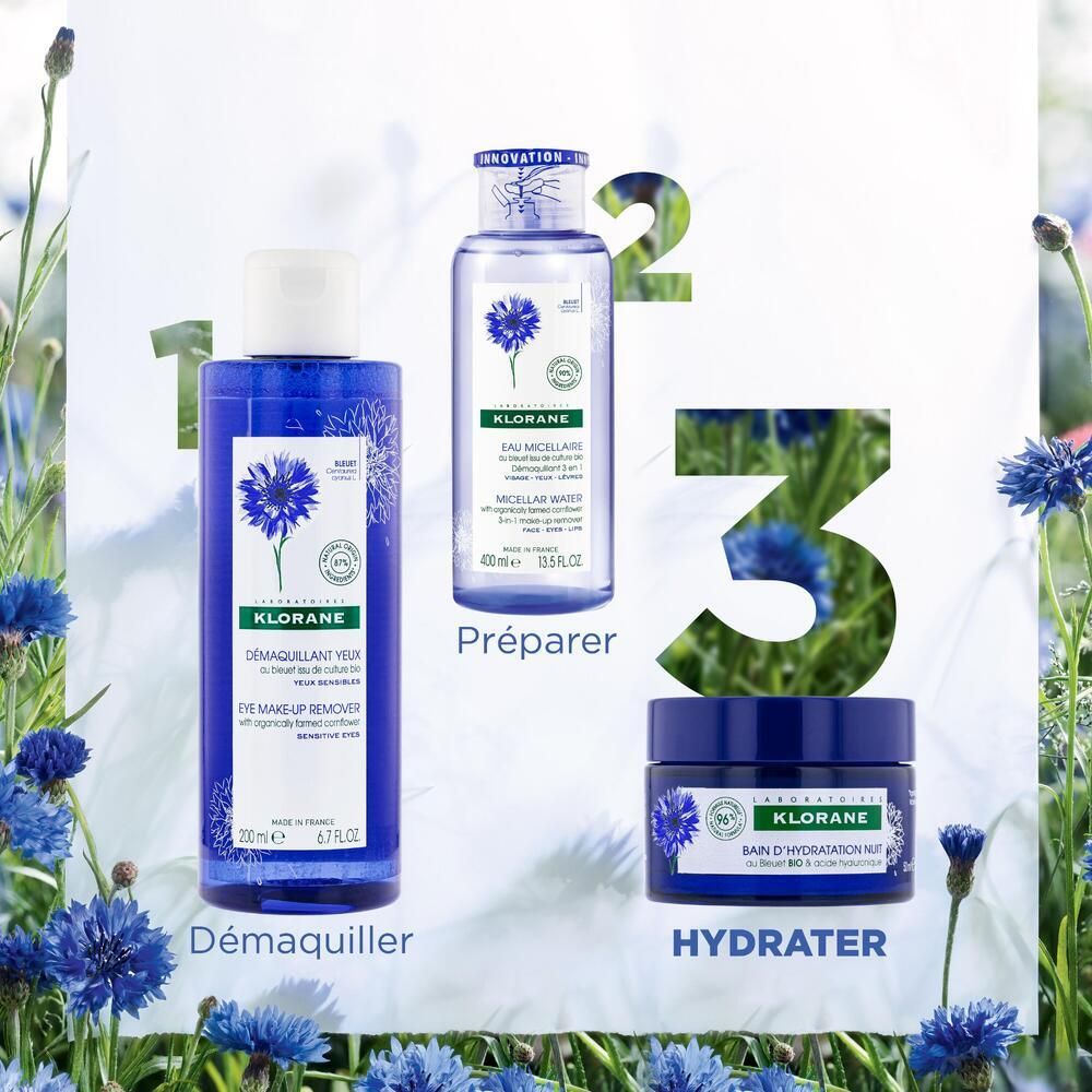 Drei Produkte: Augen-Make-up-Entferner, Mizellenwasser und Nachtcreme. Aufschrift: Klorane. Kornblumen-Motiv.