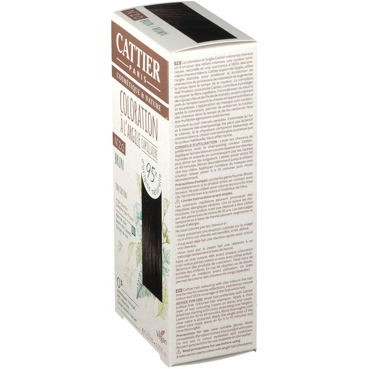 Côté de la boîte de coloration capillaire CATTIER Nr. 2.0 brun. Texte et ingrédients. 95% naturel, vegan. 120ml.