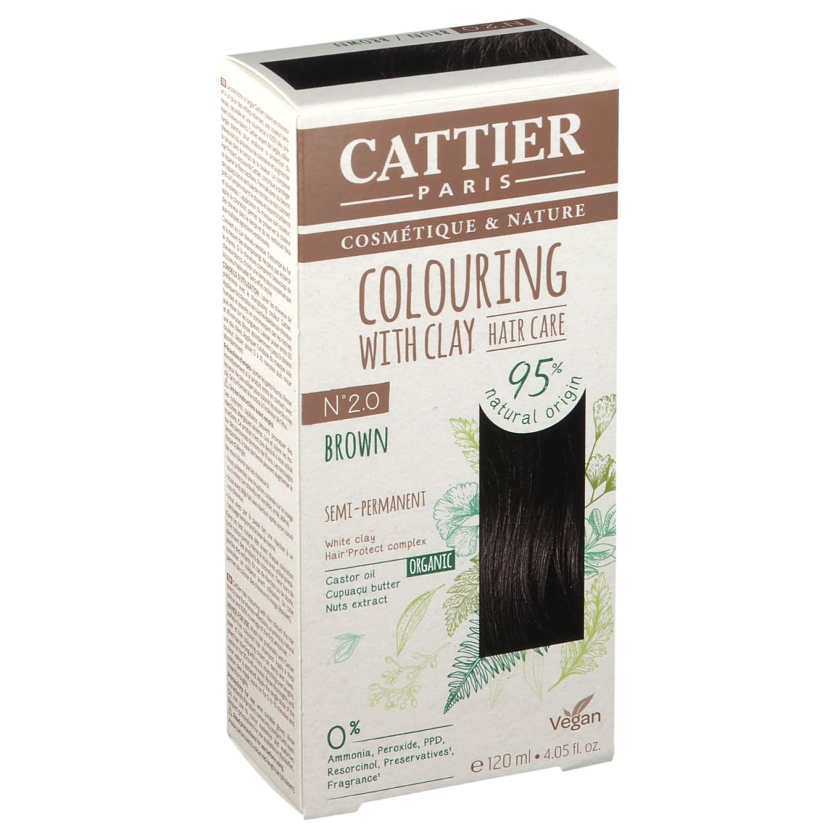 Boîte de coloration capillaire CATTIER Nr. 2.0 brun. Ingrédients et informations. 95% d'origine naturelle, vegan. 120ml.
