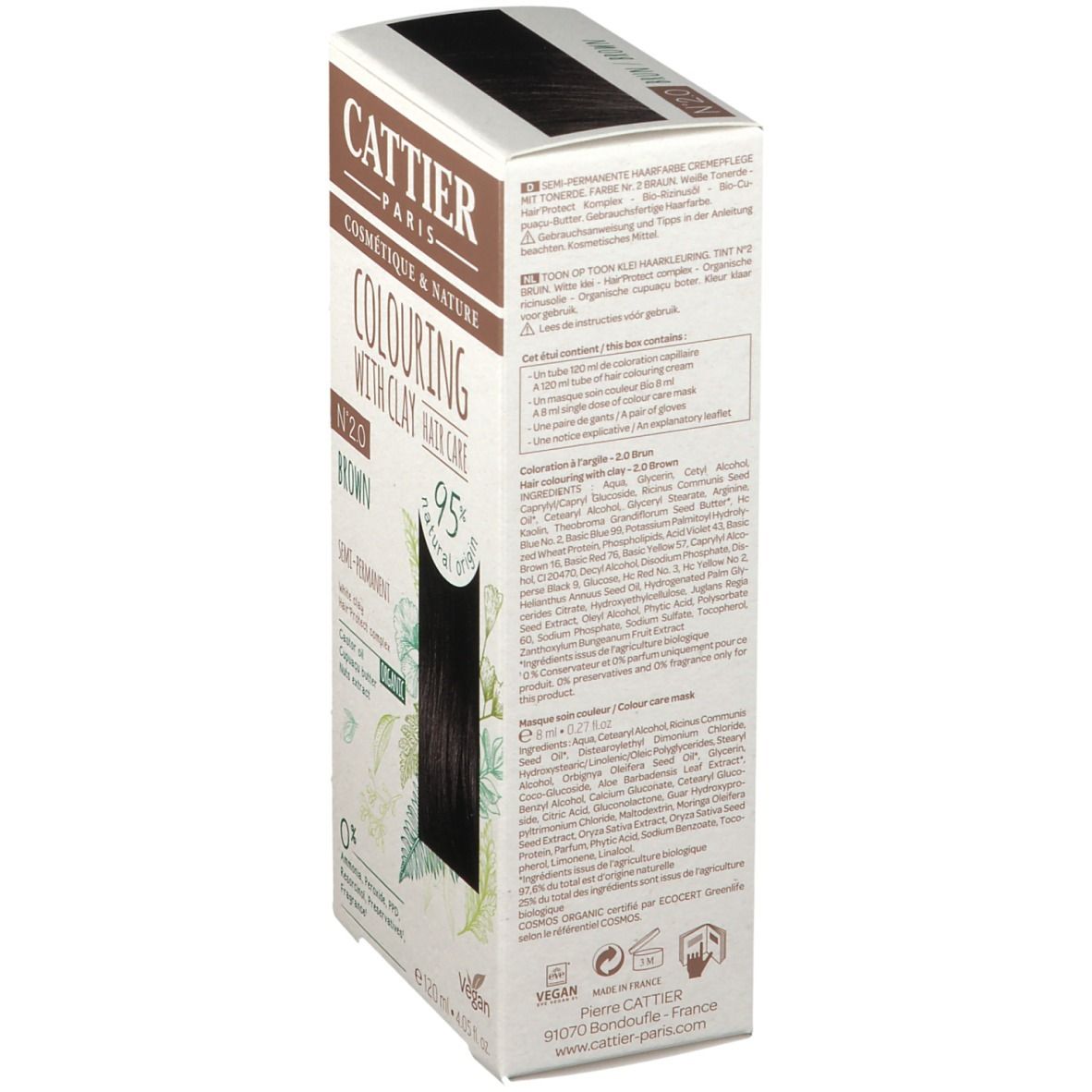 Côté de la boîte de coloration capillaire CATTIER Nr. 2.0 brun. Texte et ingrédients. 95% naturel, vegan. 120ml.