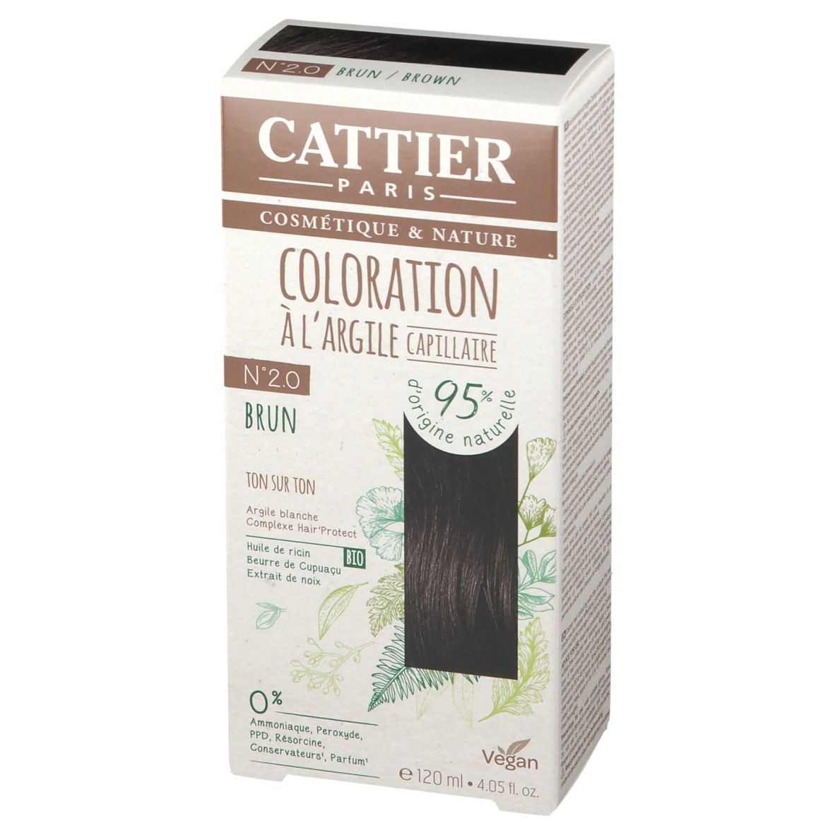 Boîte de coloration capillaire CATTIER Nr. 2.0 brun. Ingrédients et informations. 95% d'origine naturelle, vegan. 120ml.