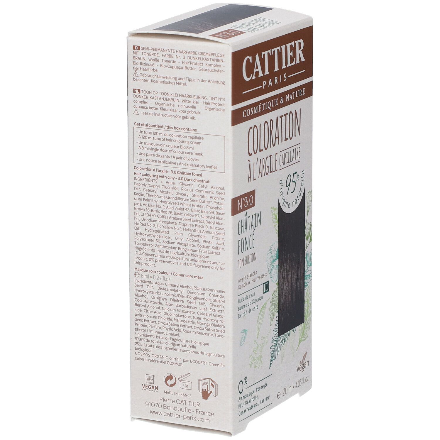 Haarfarben-Verpackung, Seitenansicht. Textinformationen, Inhaltsstoffe, Anwendungshinweise. 95% natürlichen Ursprungs. Vegan. 120ml.