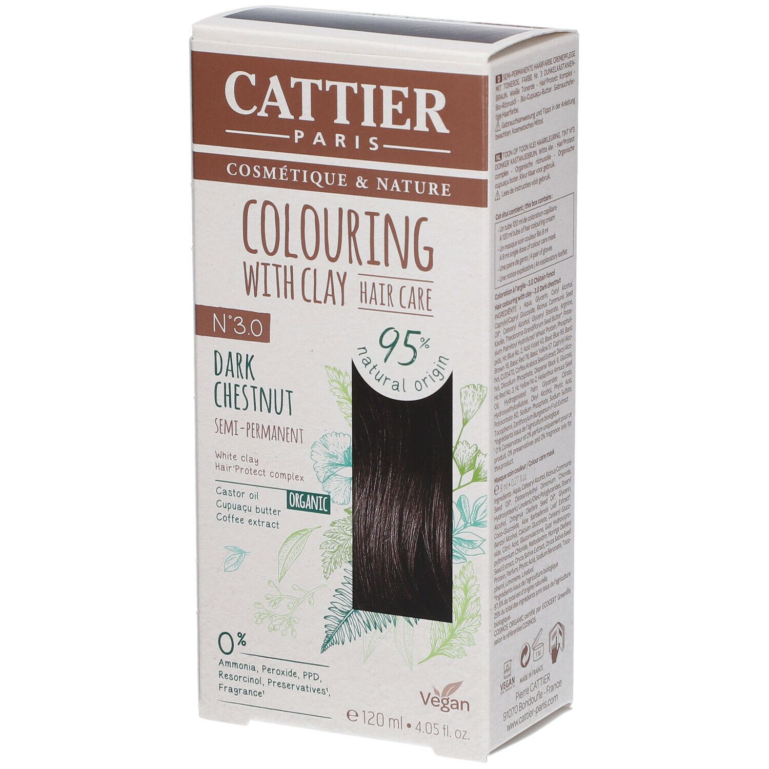 Haarfarben-Verpackung. Dunkelbraun, semi-permanent. 95% natürlichen Ursprungs. Enthält Tonerde, Kaffeextrakt. Vegan. 120ml.