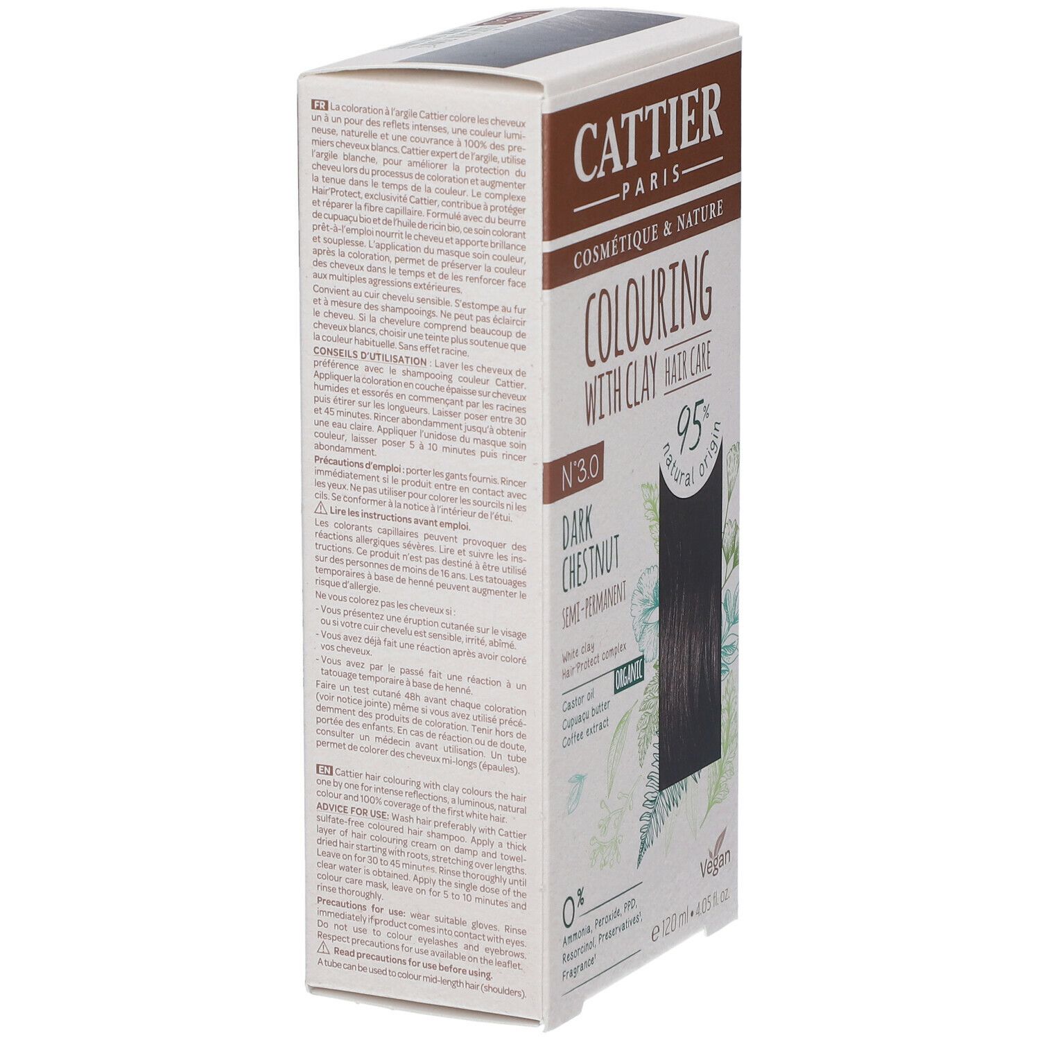 Haarfarben-Verpackung, Seitenansicht. Textinformationen, Anwendungshinweise. 95% natürlichen Ursprungs. Vegan. 120ml.
