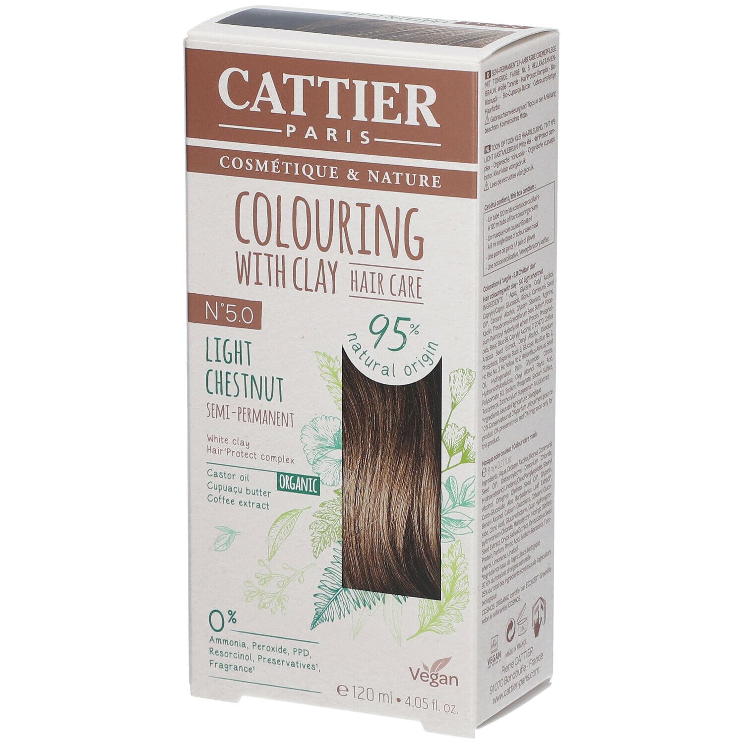 Emballage de coloration capillaire CATTIER PARIS, N°5.0 Light Chestnut, 95% d'origine naturelle. Mention Vegan et informations.