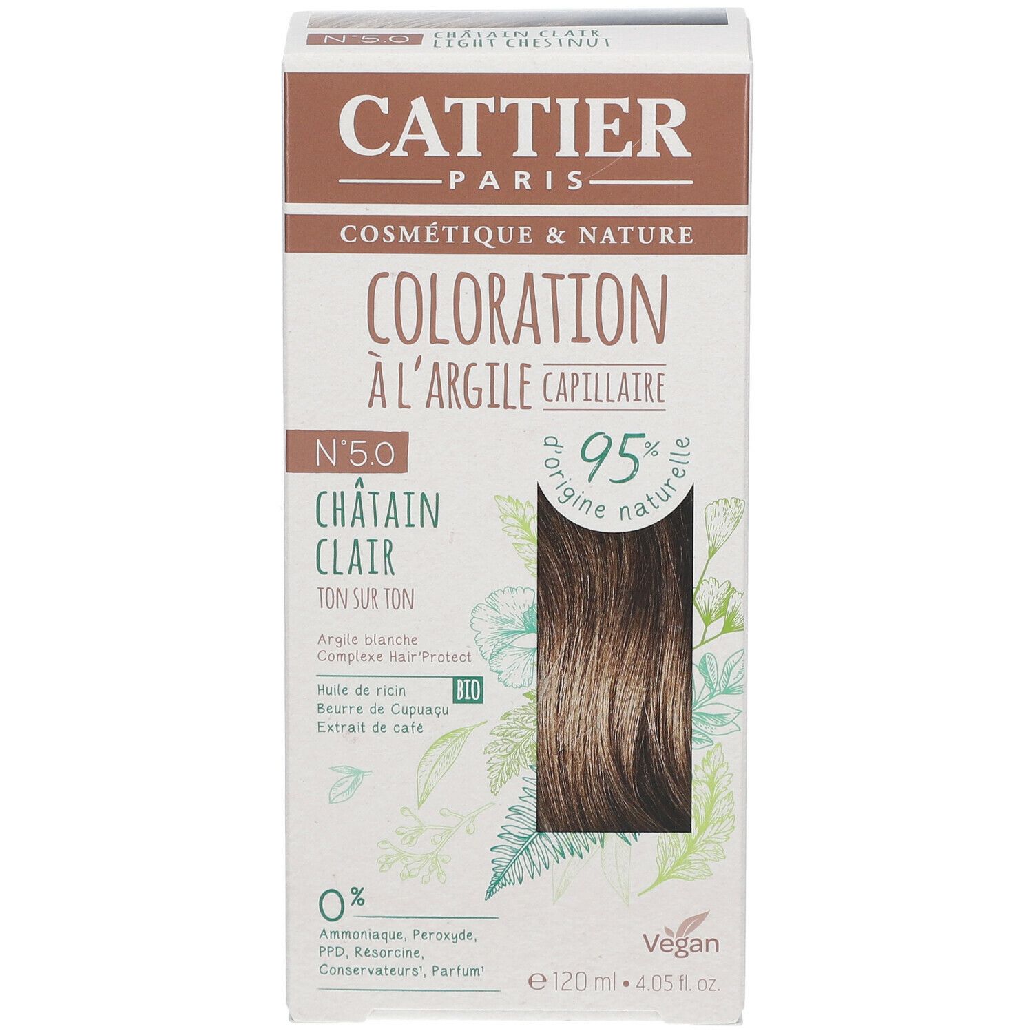 Boîte de coloration capillaire CATTIER PARIS, N°5.0 Châtain Clair, 95% d'origine naturelle. Mention Vegan et informations.