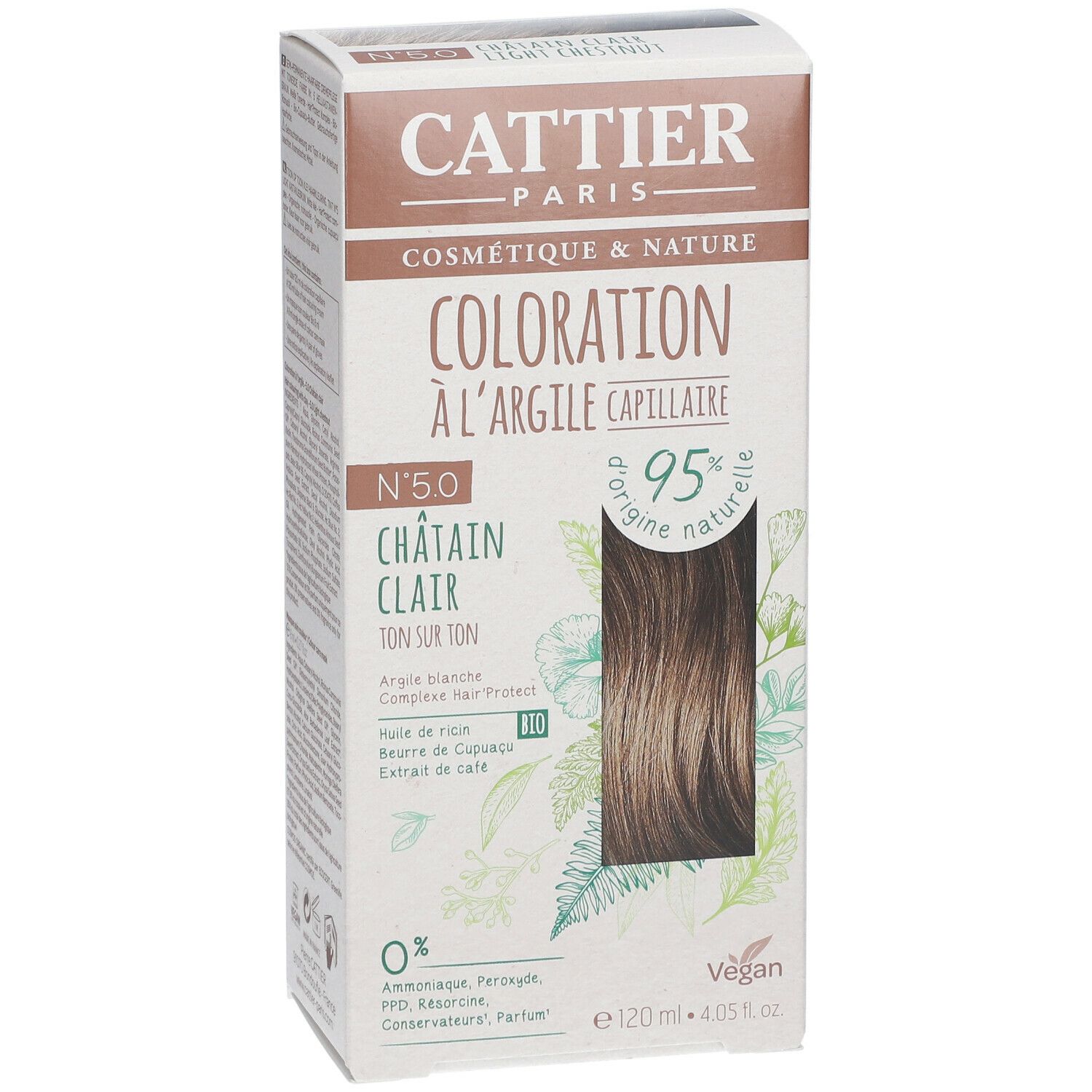 Boîte de coloration capillaire CATTIER PARIS, N°5.0 Châtain Clair, 95% d'origine naturelle. Mention Vegan et informations.