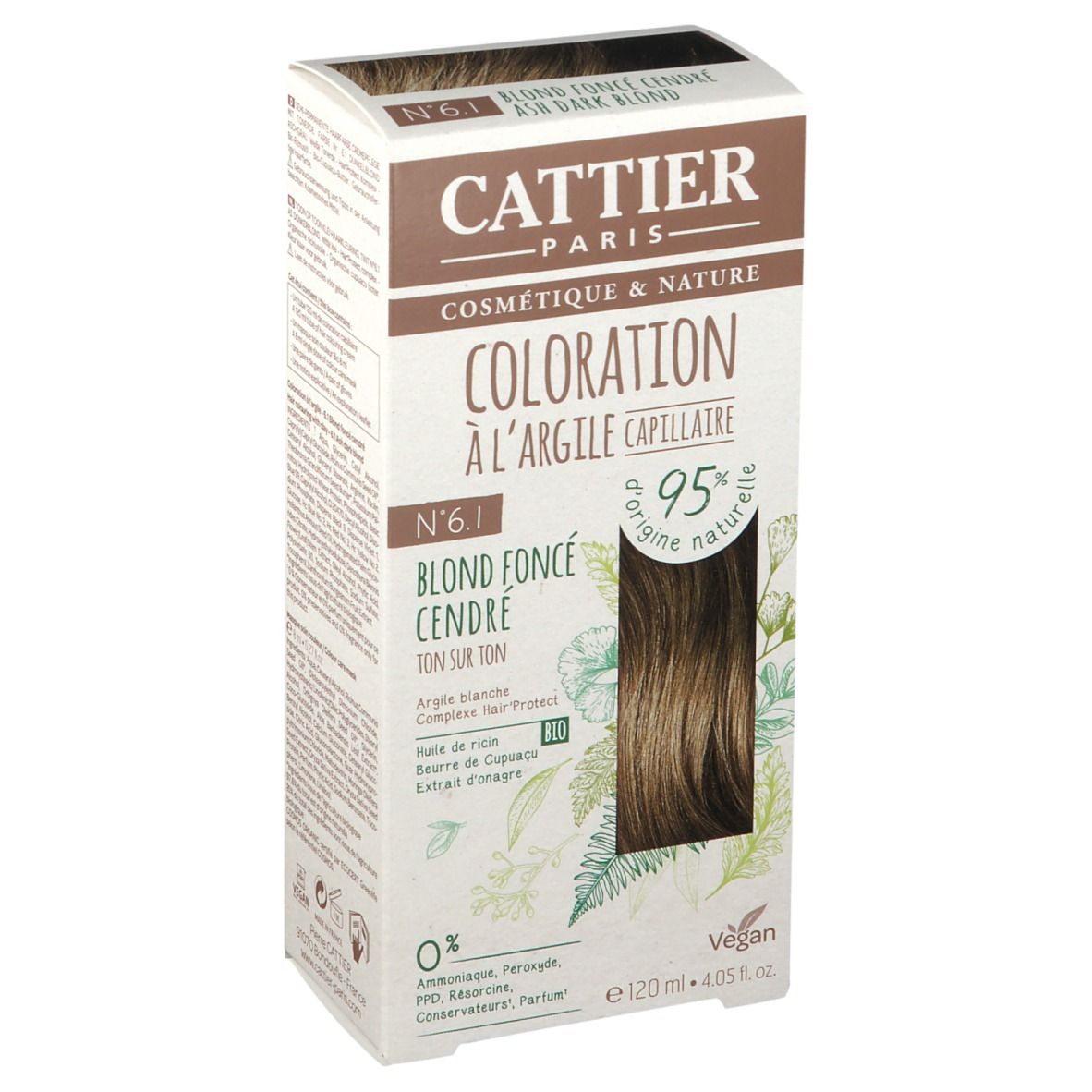 Boîte de coloration capillaire CATTIER N°6.1 Blond foncé cendré. Inscriptions, exemple de couleur et informations sur le produit.
