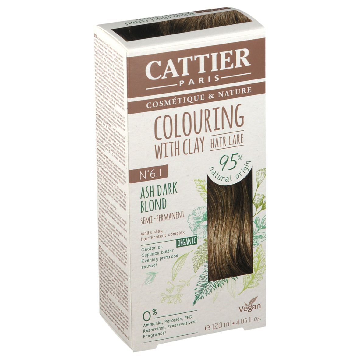 Boîte de coloration capillaire CATTIER N°6.1 Blond foncé cendré. Inscriptions, exemple de couleur et informations sur le produit.