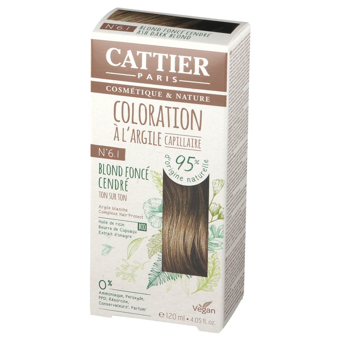 Boîte de coloration capillaire CATTIER N°6.1 Blond foncé cendré. Inscriptions, exemple de couleur et informations sur le produit.
