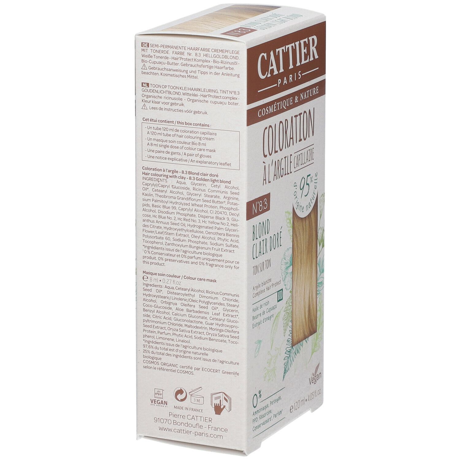 Seitenansicht der CATTIER Haarfarbenverpackung. Text: Coloration à l'argile capillaire, Blond Clair Doré N°8.3, 95% naturelle, vegan.