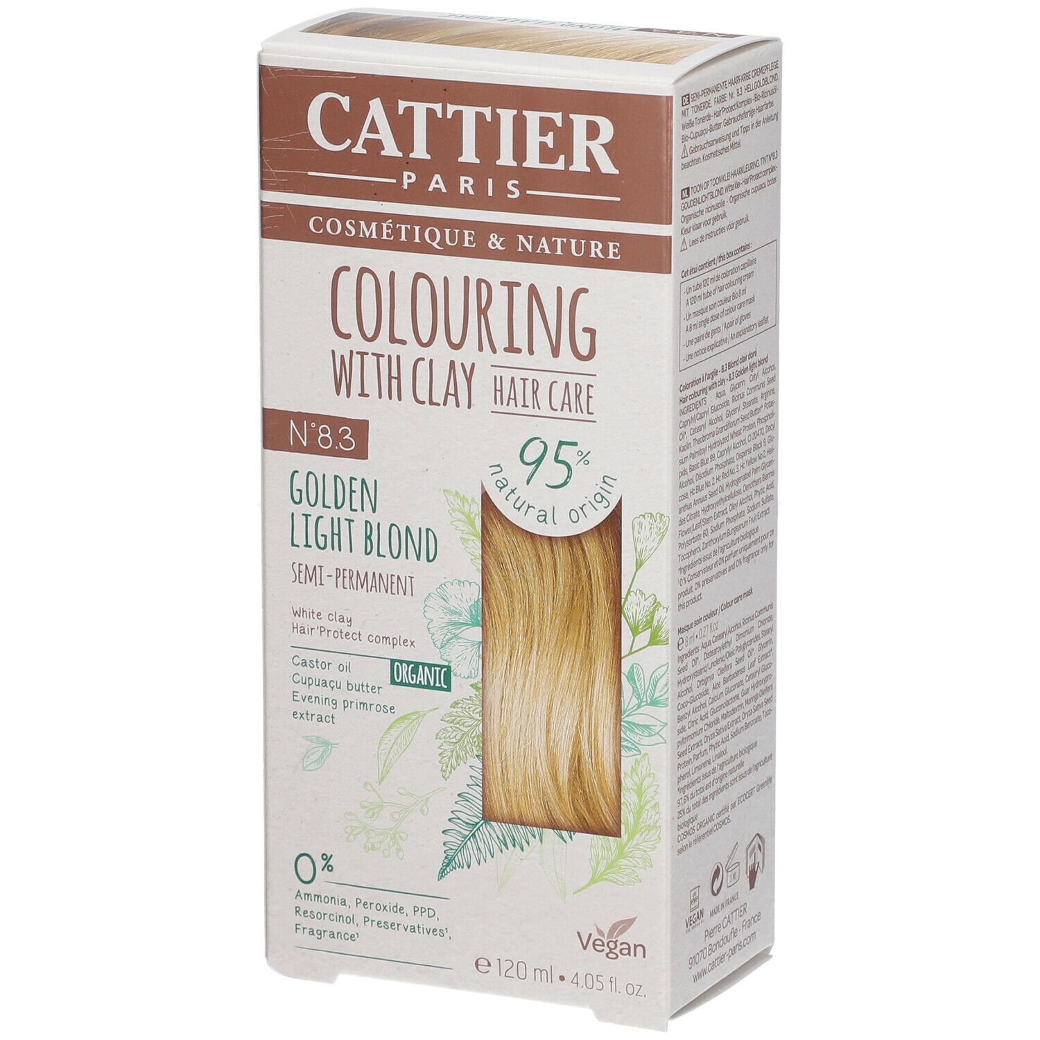 CATTIER Haarfarbenverpackung. Aufschrift: Colouring with clay hair care, Golden Light Blond N°8.3, 95% natural origin, vegan.