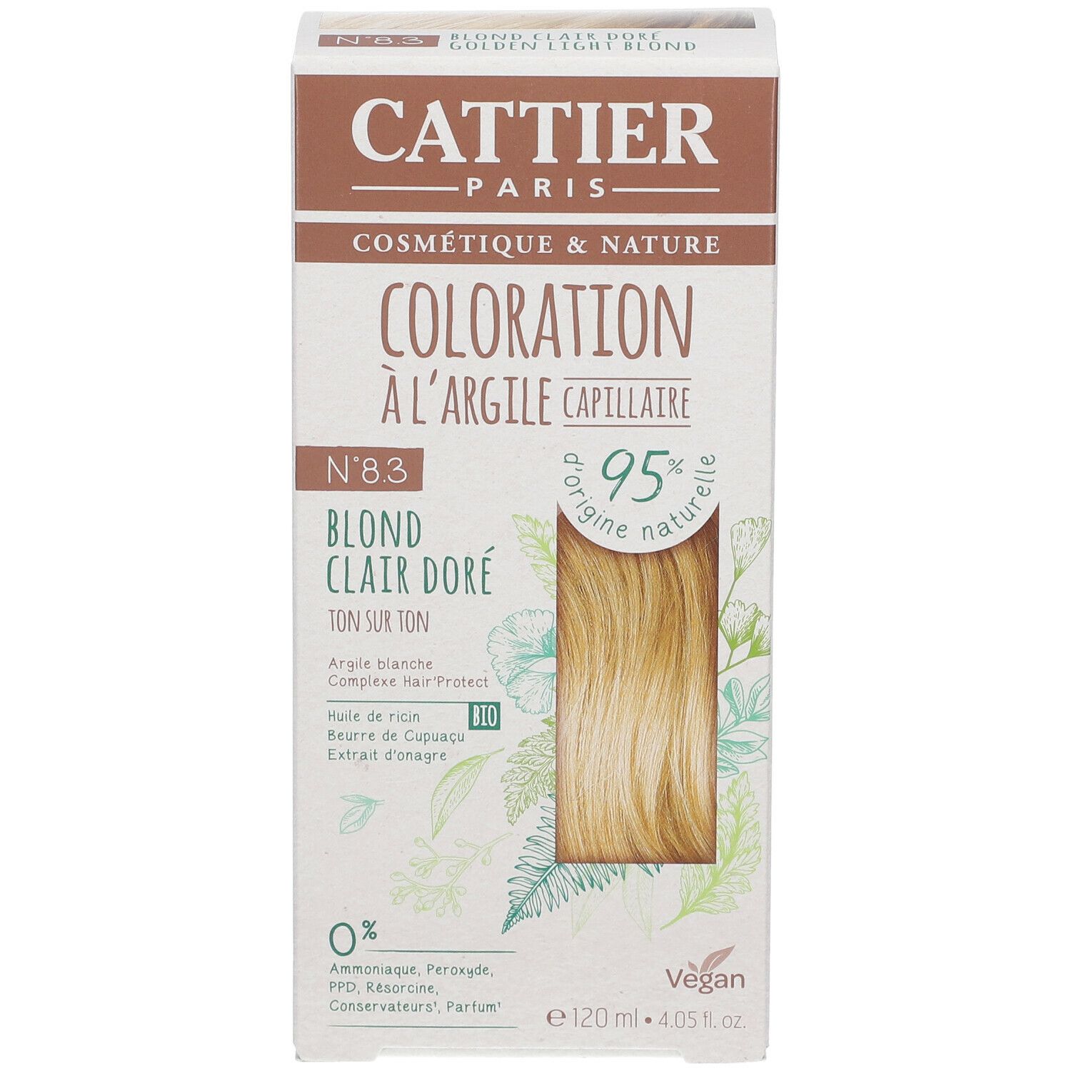 CATTIER Haarfarbenverpackung. Aufschrift: Coloration à l'argile capillaire, Blond Clair Doré N°8.3, 95% naturelle, 0% Inhaltsstoffe, vegan.