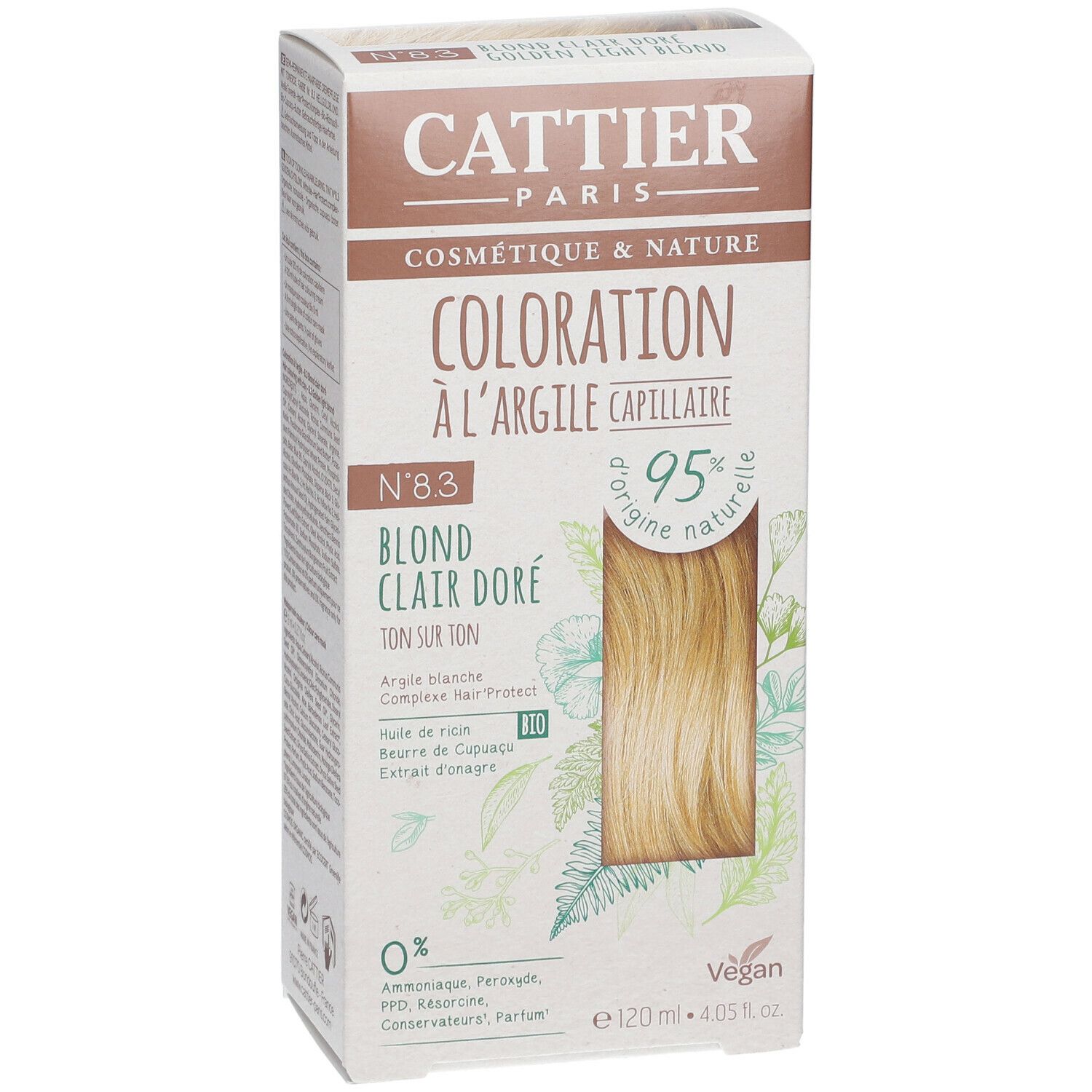 CATTIER Haarfarbenverpackung. Aufschrift: Coloration à l'argile capillaire, Blond Clair Doré N°8.3, 95% naturelle, 0% Inhaltsstoffe, vegan.