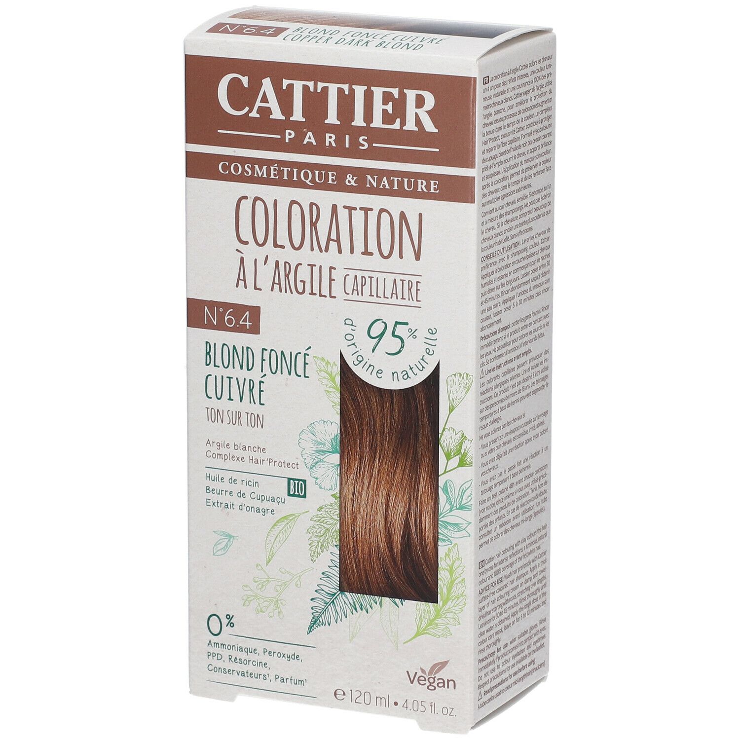 Boîte de coloration capillaire CATTIER, blond foncé cuivré. Face avant avec nom du produit, indication de teinte et origine naturelle, mèche de cheveux.