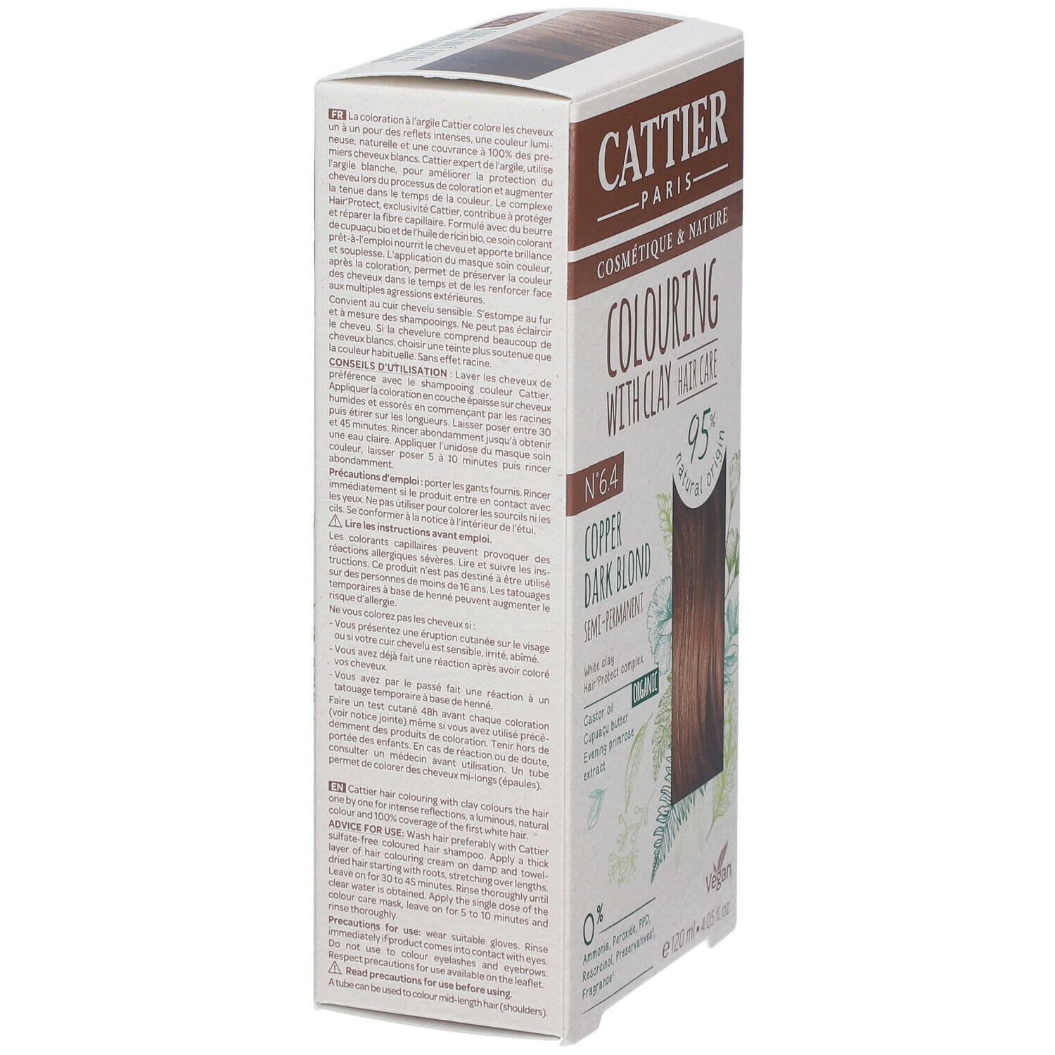 Côté de la boîte de coloration capillaire CATTIER. Texte multilingue, ingrédients, adresse du fabricant, label Vegan et symbole de recyclage.