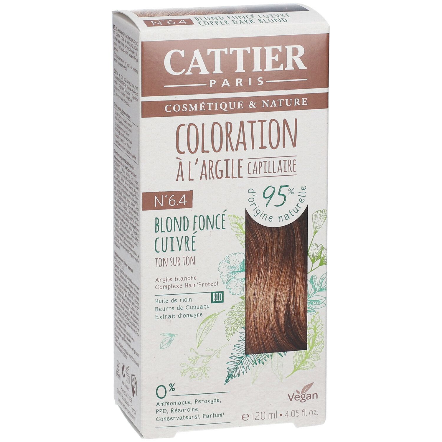 Boîte de coloration capillaire CATTIER, blond foncé cuivré. Face avant avec nom du produit, indication de teinte et origine naturelle, mèche de cheveux.