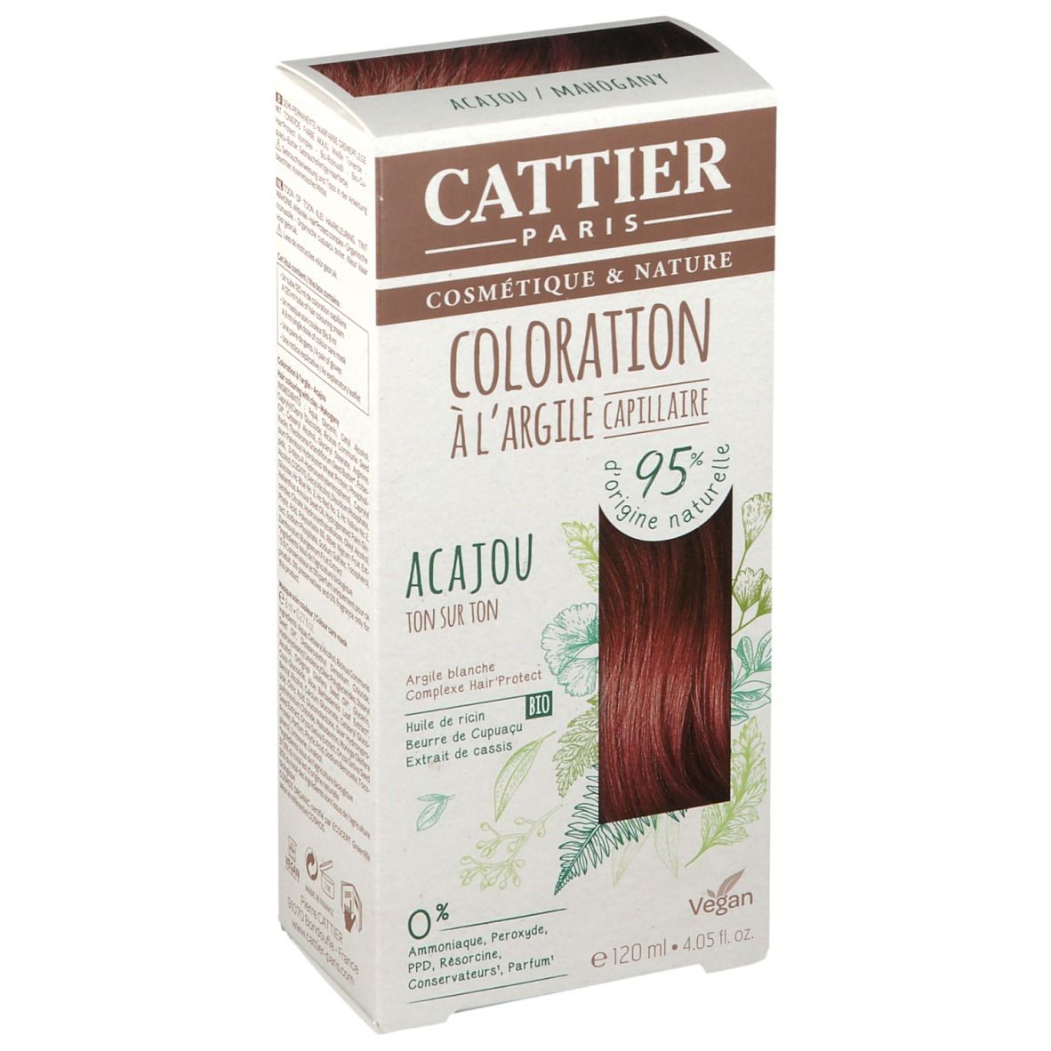Haarfarben-Box mit Produktinformationen. Acajou-Farbton, 95% natürlichen Ursprungs, vegan. Marke CATTIER PARIS.