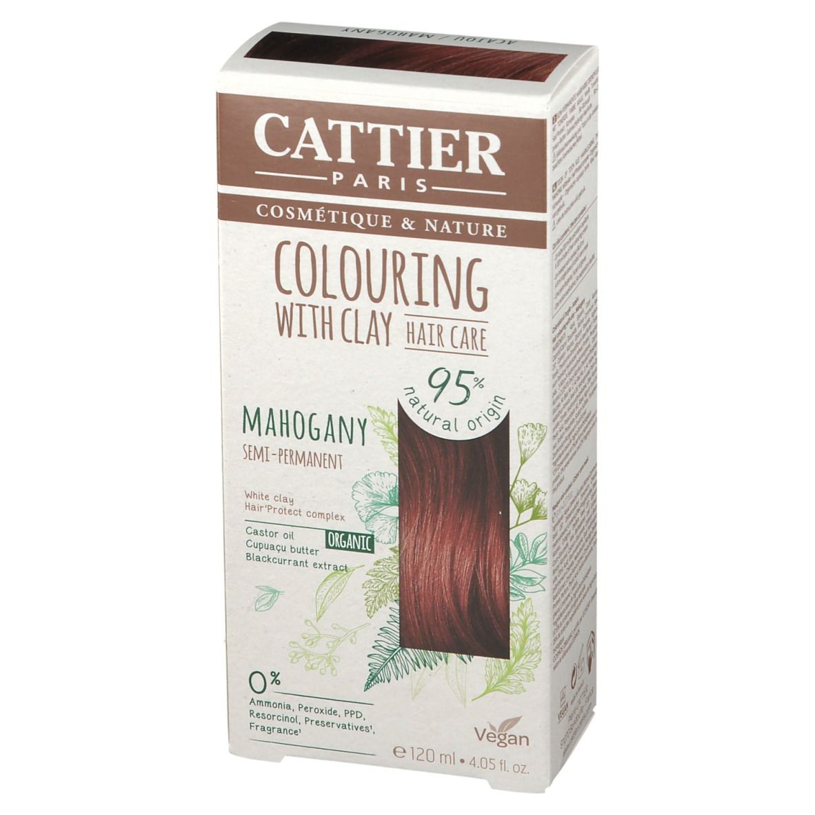Haarfarben-Box mit Produktinformationen. Mahagoni-Farbton, 95% natürlichen Ursprungs, vegan. Marke CATTIER PARIS.