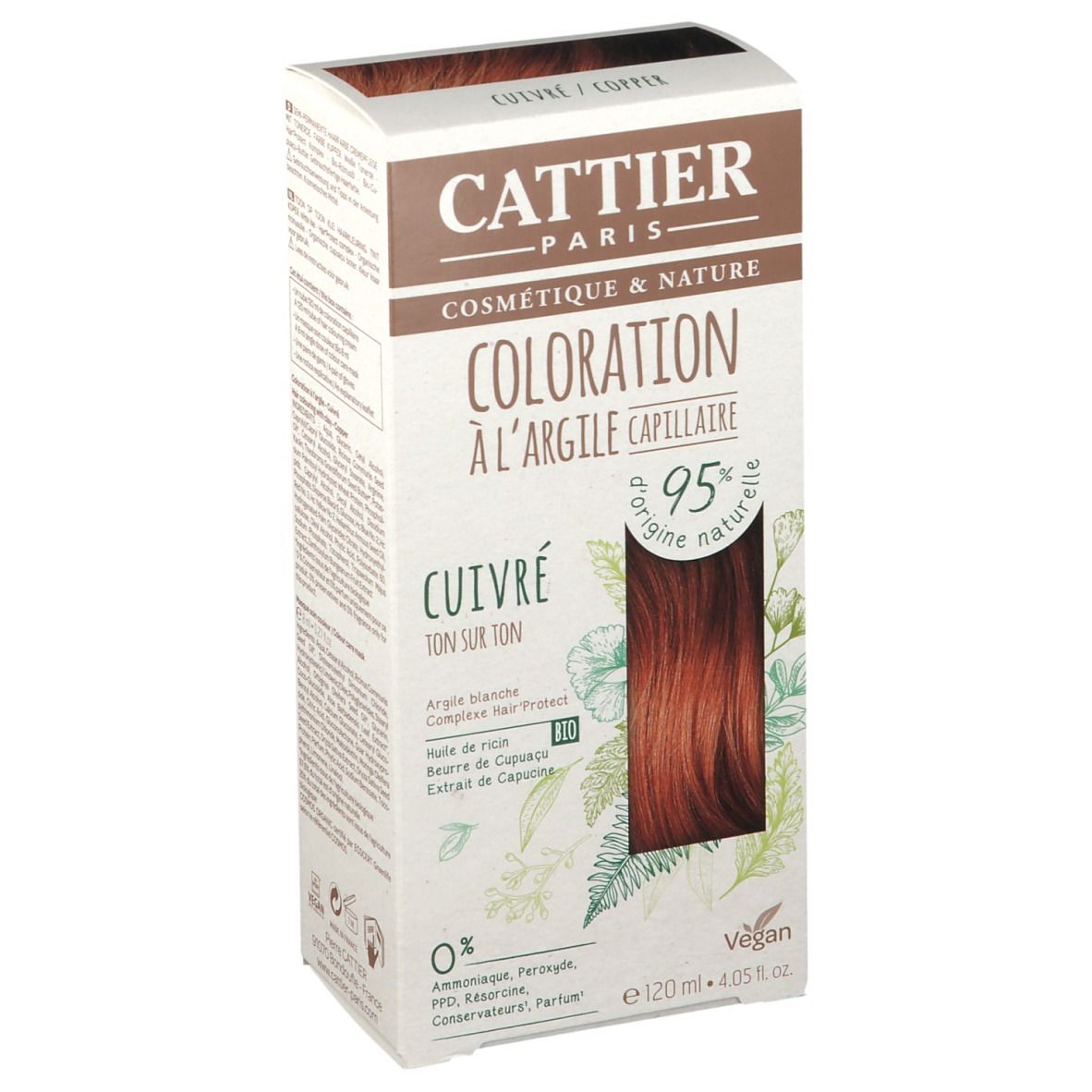 Kartonverpackung mit CATTIER-Haarfarbe in Kupfer. Enthält 95% natürlichen Ursprungs. Vegan. 120ml.
