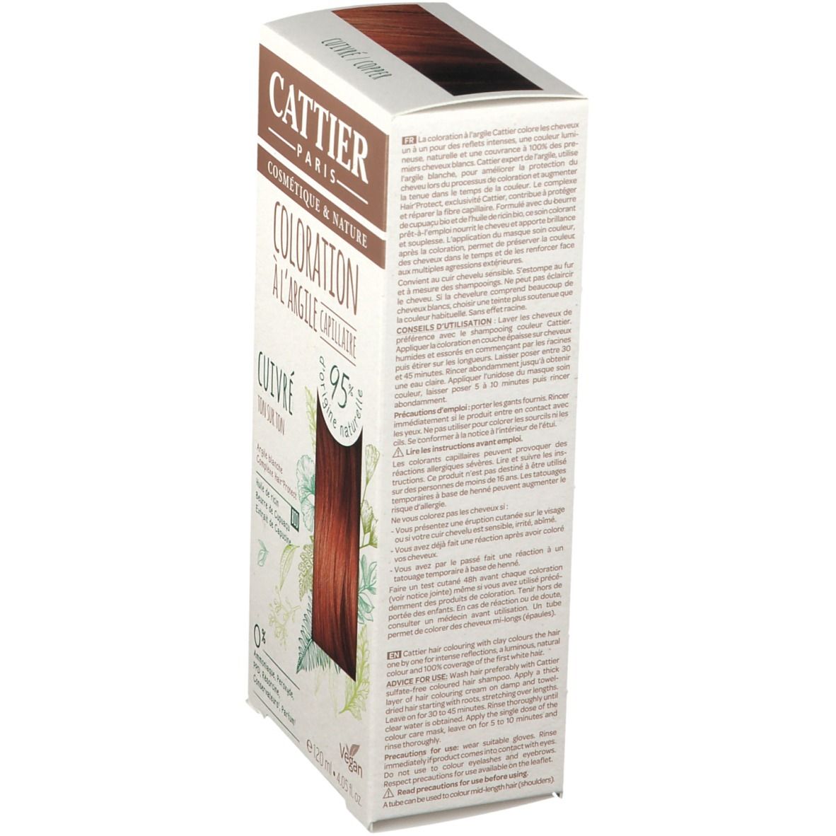 Seitenansicht der CATTIER-Haarfarbenverpackung in Kupfer. Textinformationen und Inhaltsstoffe sind sichtbar.