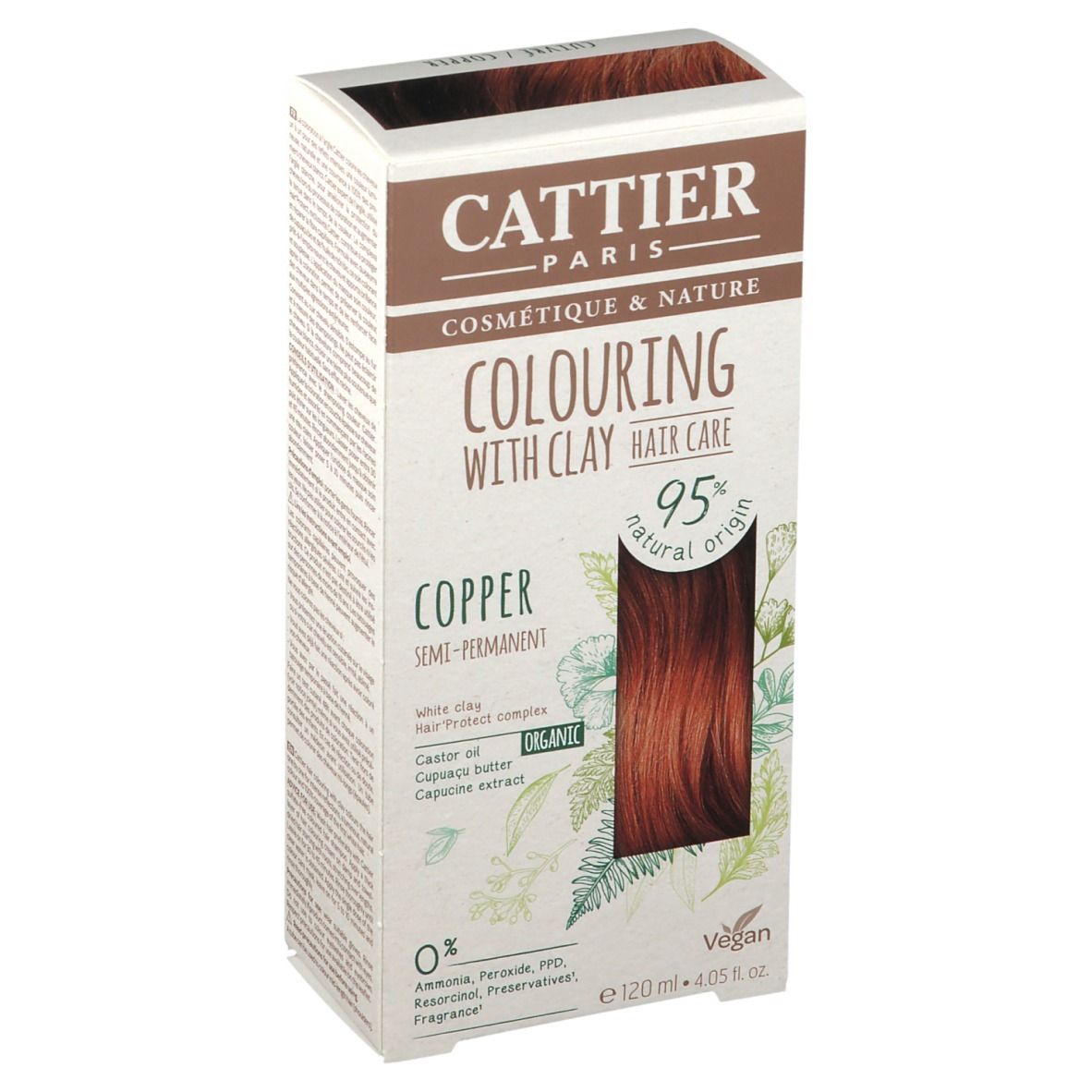 Kartonverpackung mit CATTIER-Haarfarbe in Kupfer. Semi-permanent. 95% natürlichen Ursprungs. Vegan. 120ml.