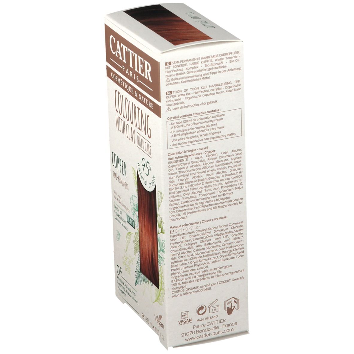 Seitenansicht der CATTIER-Haarfarbenverpackung in Kupfer. Textinformationen und Inhaltsstoffe sind sichtbar.