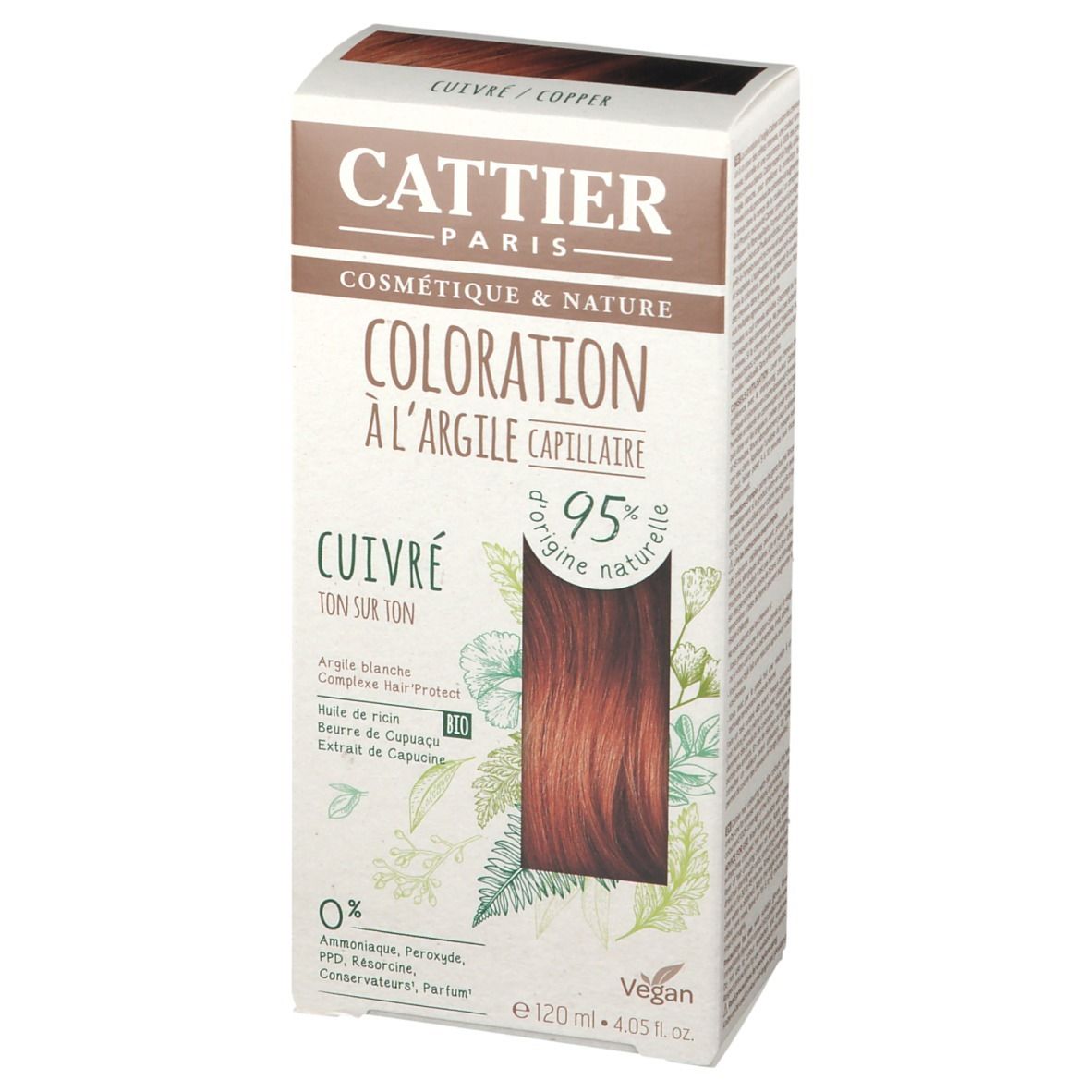 Kartonverpackung mit CATTIER-Haarfarbe in Kupfer. Enthält 95% natürlichen Ursprungs. Vegan. 120ml.