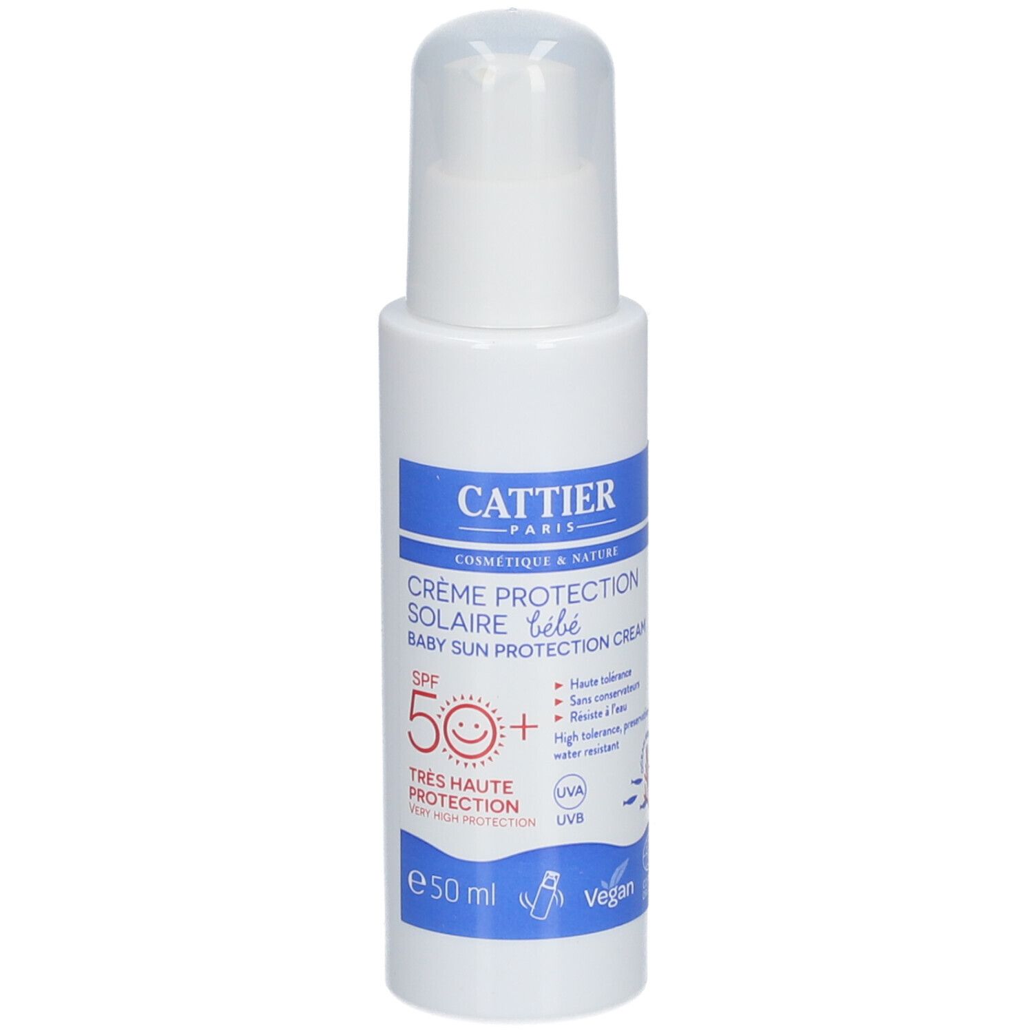 Flacon blanc avec texte bleu. Crème solaire bébé SPF 50+. Vegan. Marque: CATTIER.
